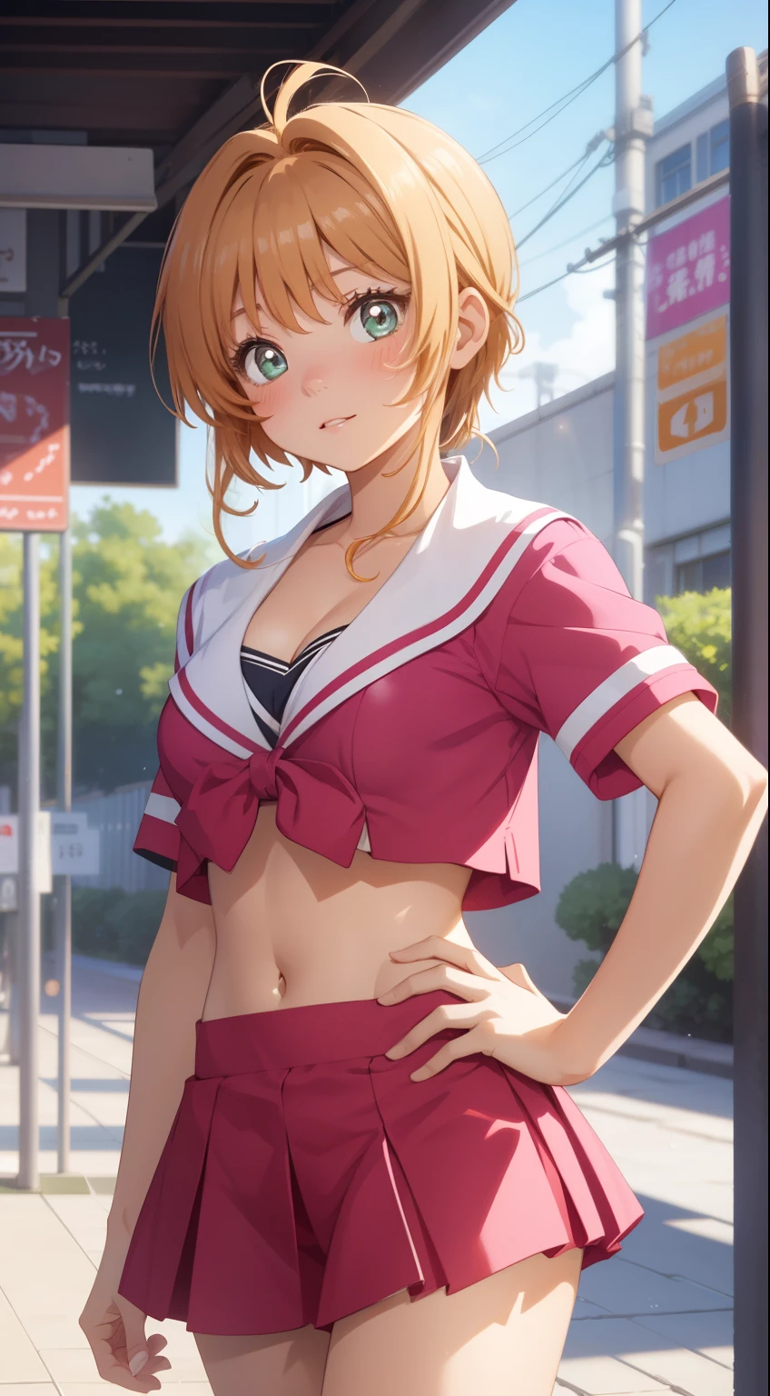 (best quality,4k,8k,highres,masterpiece:1.2), ultra-detailed,takami chika, pink eyes,sailor top, school skirt, navel, standing ,one hand on hip another hand on head,slightly excited and smile, sleeveless, thighs, cowboy shot, hair ornamen ,big breasts , navel , fingerless gloves, fishnet bodysuit
