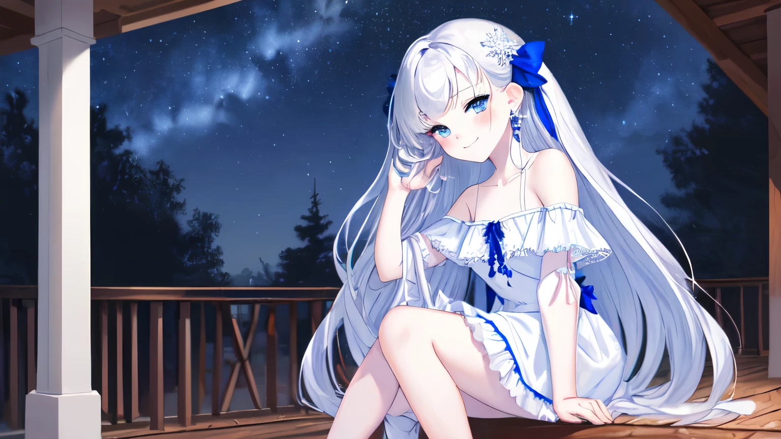 A girl in her -teeo inherits the blood of a human and a snow woman 、 long silver hair、Straight Style 、 Starry Night Sky 、 full moon、 moonlight 、 sommer、Sitting on the veranda fence with her hands on the veranda fence 、Of ice crystals、Pure white flounder off-shoulder frill dress with shoulder straps adorned on the chest of the satin sapphire blue bow ribbon off the shoulder top 、 frill skirt、 Pale blue eyes 、 cute、 girlfriend 、 detailed background 、Parting the bangs, , Snowflake-shaped earrings , thick sapphire blue fabric ribbons tied with multiple hair accessories attached , best smile, , Accurate whole body illustrations 、 look at you,、whole body、 character whole body illustrations、I'm wearing a light blue mule with string。Tying up hair, Tying up hair, split bangs , smiles