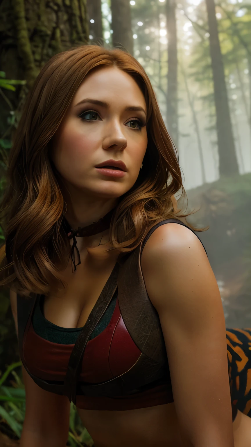 real, photoshoot, realistic, perspective, atmospheric scene, masterpiece, best quality, (detailed face, detail skin texture, ultra-detailed body:1.1),cinematic light,
1girl, portrait photo of k4r3njm4nj1-smf , solo, forest, blonde hair, realistic, nature, upper body, long hair, breasts, outdoors, day, brown hair, choker, being chased by a tiger