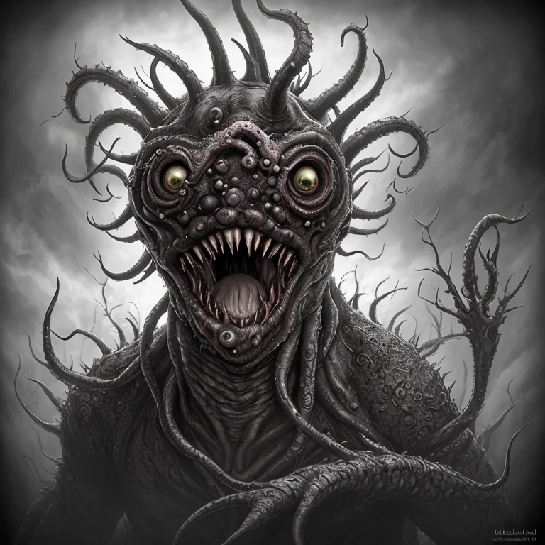 raw photo,photorealistic,cinematic shot,realism,intricate detail,taken on a fujifil camer,professional lighting,a lovecraftian slime demon covered in numerous slimy eyes rises from slimy abyss to consume the souls of the living,