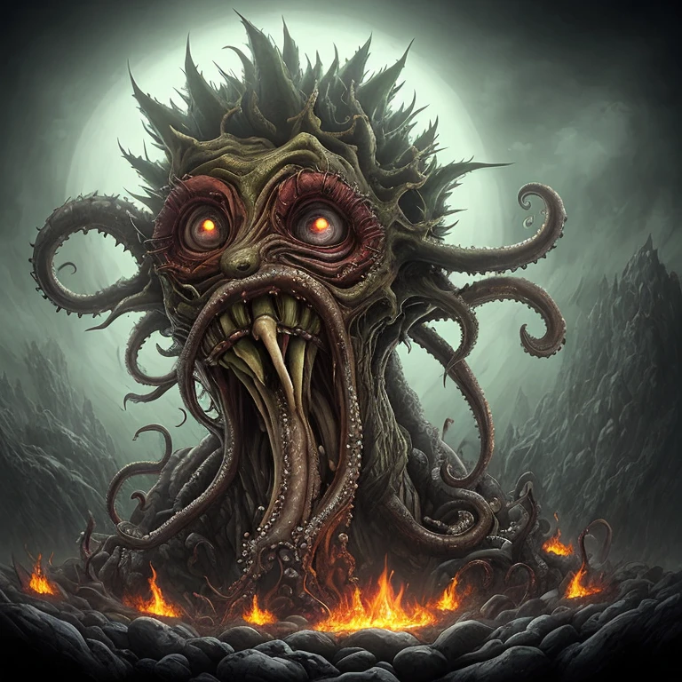 Fine Art, black-white-red-green, high contrast, National Geographic Foto: André Uhlisch - Art, , digital painting of a colorful old octopus with bloody head with faces and glowing legs, in a glittering dress and delicately arranged furry arms and dusty legs,riding on the head of a dog . recorded in the style of post-apocalyptic 