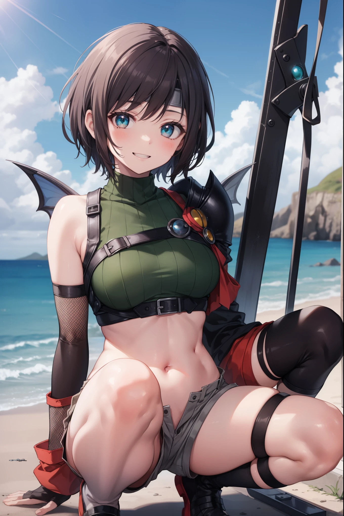 yuffiekisaragi, Yuffie Kisaragi,Haircuts, pixie cut,
壊す crop top, fingerless gloves, fishnet Thighhighs, fishnet, forehead protector, gloves, head band, belly button, short shorts, shorts, single sleeve, single thigh high, No sleeve, No sleeve turtleneck, Thighhighs, turtleneck,
bench、blue sky、smile