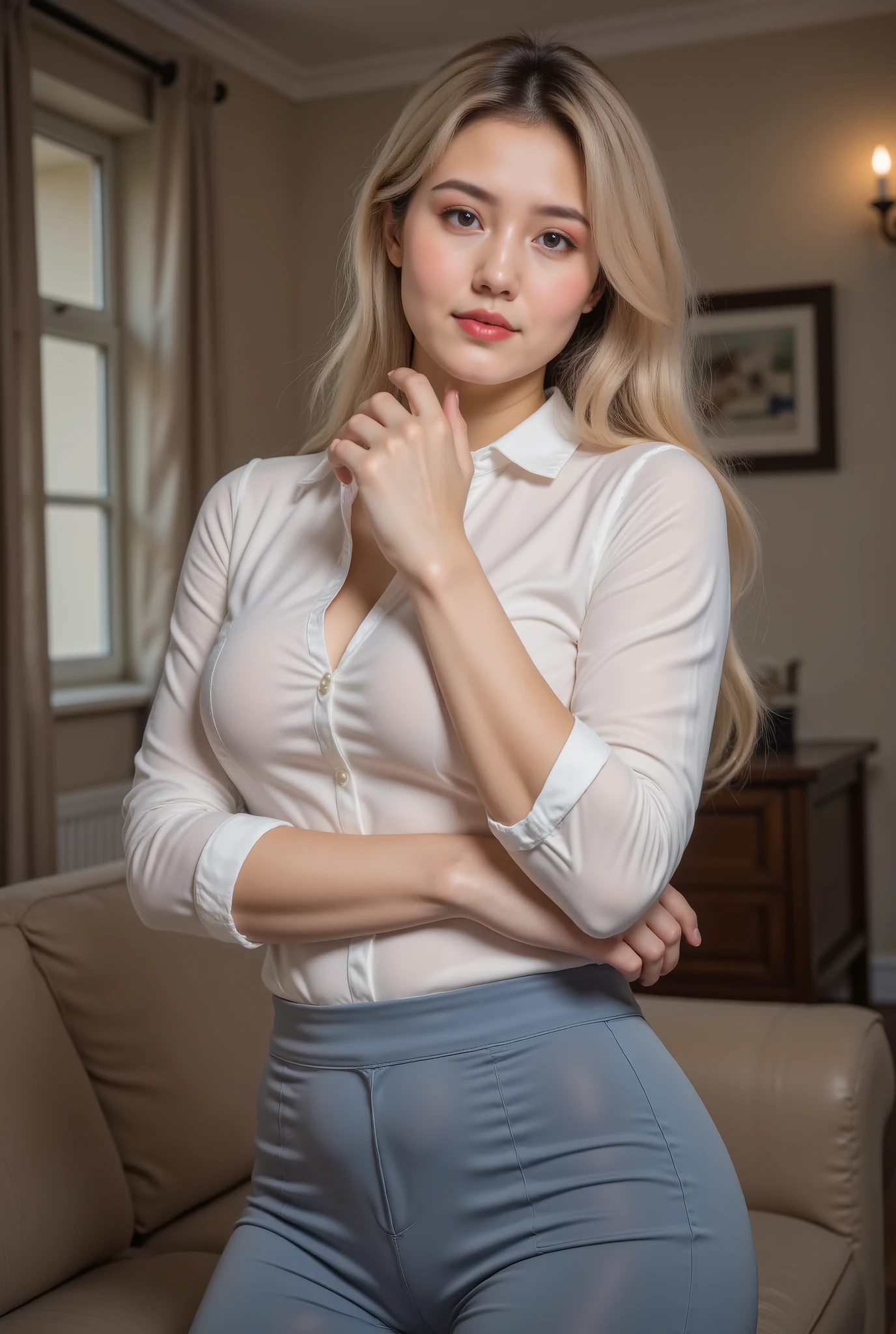 masterpiece, 1 Girl, alone, long hair , blond, Watch, blush, Smile, open mouth , blue pants, white shirt , , blue eyes , huge ass , :d, Looking back, Chest, indoor, From the back, , [sofa, , mature women, , Key Points,