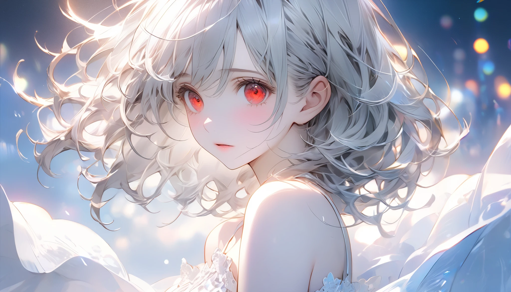 A young woman in a sexy white camisole dress stands alone, gazing up at the sky with an ecstatic expression, she embraces the cold air, feeling both anxiety and strength. There is an atmosphere of quiet reflection and hope in the air. There are soft and delicate shadings, giving a sense of inner strength amid uncertainty. The scene conveys a sense of inner conflict and introspection, highlighting doubts and anxieties. Highly detailedElegant and detailed, adding a dramatic and symbolic element to the scene, deep borders, bokeh, smooth textures, ultra detailed, high resolution, ultra detailed, (best quality, 16K, high resolution, masterpiece), subtle colors, vibrant colors, professional lighting, beautiful details with little projection, long silver hair, silver-haired woman, pale skin, red eyes, sexy fashion,