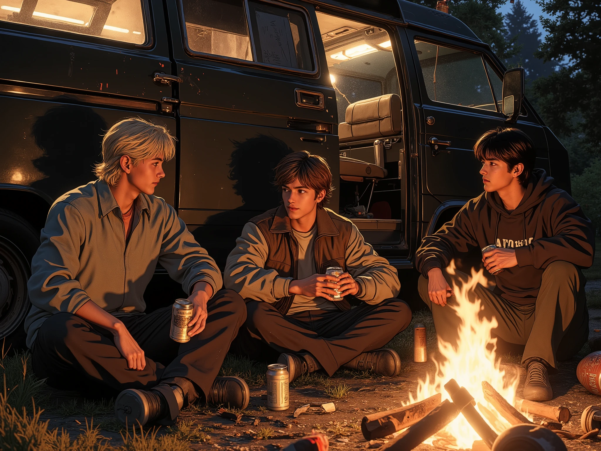 Three guys, twenty years old, alone with blond hair and a grey long sleeve shirt, another with brown hair and a brown bomber jacket , third Asian man with black hair in a black sweatshirt , they're sitting on the ground near a black van, drink beer from cans and have fun talking, at night, around the campfire, dark tones