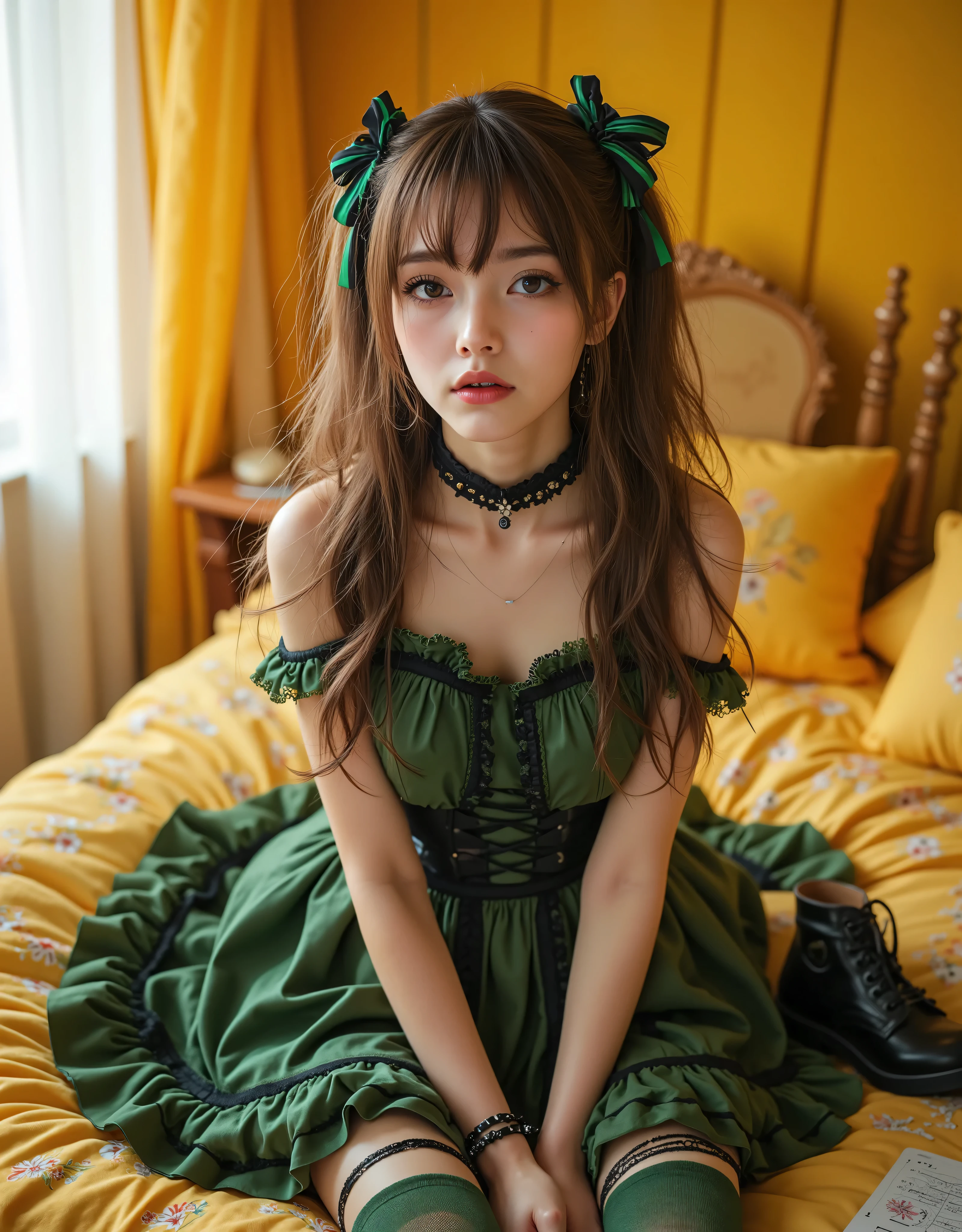 (Canon), (EOS R5), (50mm), ((( photorealistic:1.5))), (No lens flare :1.5), ((超 high resolution)), ( Masterpiece), accurate,( is present な質感の肌), Super Detail, high detail, high quality , Award-winning work , 最 high quality, 32K, depth of coverage, digital camera, award-winning glamour photo , professional lighting,(SFW), ((最 high quality:1.5)), (( Masterpiece:1.5)), (( is present )), high resolution, is present な影, Roughness, Real Life,(( very beautiful and cute single Japanese woman :1.5)), (( The cuteness of Japan's top idol )), ((Upper body shot seen obliquely from the front :1.5)), ( upper body shot seen from the side :1.2), (( upper body shot from head to knee :1.8)), (( cute 18-year-old Japanese high school girl )), 1 girl, (( very cute gothic ta girl )), Beautiful and adorable bedroom , ( sitting on a bed), are looking at this, ( curls that hang gracefully in green and black double knot hair and green ribbons), (( wearing a green and black gothic Lolityle dress )), with lots of frills , green socks with black stripes up to the thigh , There are times when a black leather short boo is placed next to the bed , dreamy and shy expression , Attractive cuteness , seductive pose holding hands, Height: 160cm, slim figure, beautiful shaped big bust , F Cup, cleavage of bust visible, (( very cute smile with little teeth visible :1.5)), ( alone:1.5), (Only one person in the bedroom), ( show your hands as little as possible ), ( brown eyes:1.9), ( Detailed depiction of extremely realistic skin ), (Highly detailed, realistic eyes:1.9), ( extremely beautiful long realistic eyelashes ), (Highly detailed, realistic eyebrows), (丸い brown eyes :1.8), ( beautiful catchlight on the eyes), (Realistic lips with moisture ), ( white realistic teeth neatly lined up ), ( Beautiful and Detailed Face :1.6), ( hourglass figure :1.6), (Wasp waist :1.5), ( Perfectly round and beautifully shaped bust :1.8), ( clearly contoured cheekbones :1.5), ( perfect style body :1.8), (Healthy body :1.8), (Narrow shoulders:1.9), ( is staring at the viewer), ( Seductive Gaze ), (Beautiful, natural-looking hands), ( Beautiful yellow nails with a beautiful length ), ( playful and curious posture ), YELLOW THEMED BEDROOM , ( The whole room is all yellow ), Yellow Wall, YELLOW CEILING , yellow floor , I have a green pillow with a floral pattern on my fluffy yellow bed , Floral yellow bed sheets , Yellow curtains with floral patterns , YELLOW FURNITURE , SOFT YELLOW LIGHTING , ( Dreamy Cozy), Fantasy Style, Glow effect, ((Pretty bright dynamic lighting )),