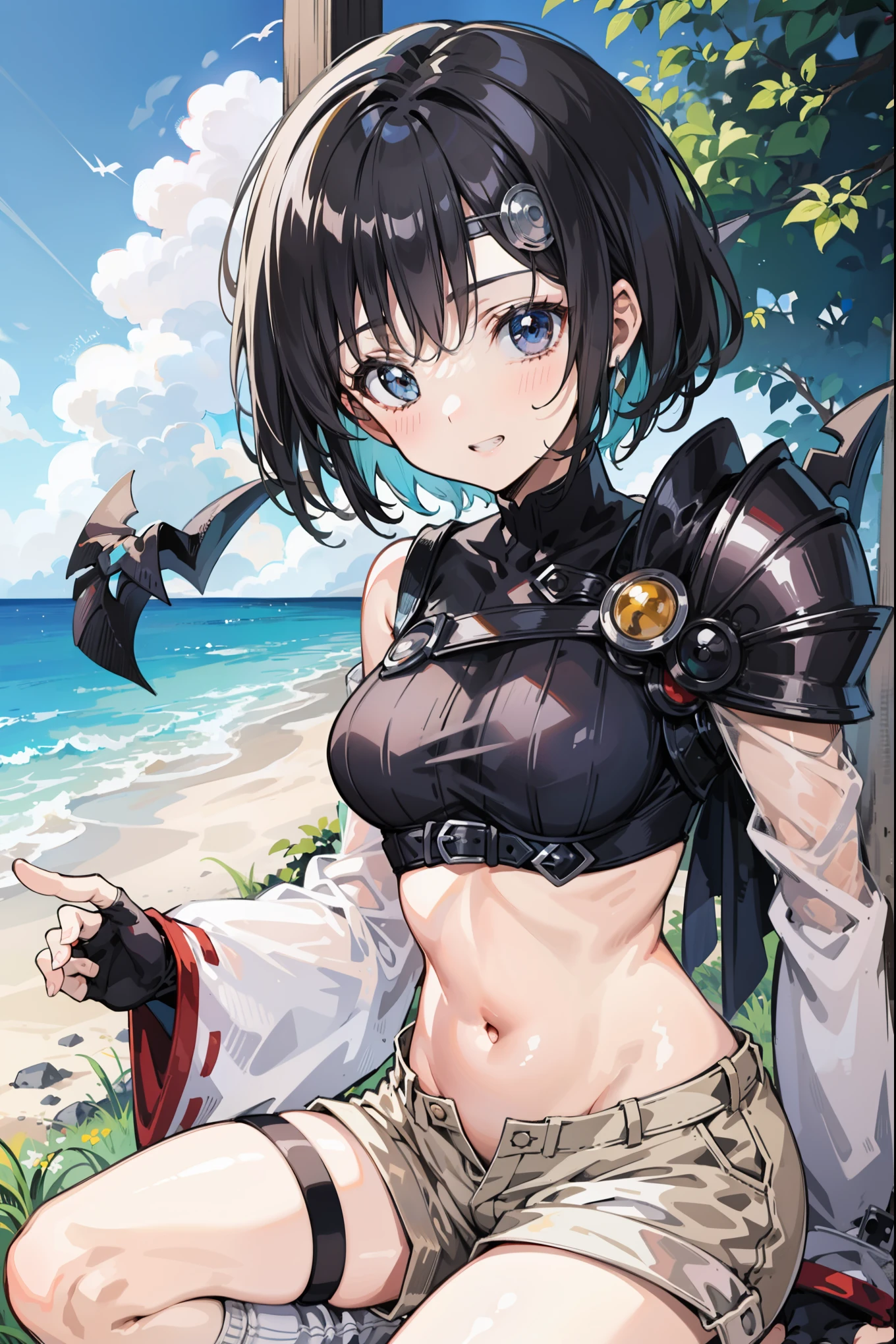 masterpiece, mountainous horizon, black robe, (((((black bikini armor))))), nsfw, , 1 girl, blonde, Ruby Eye, ((((((hair over one eye,)))))), Braidスタイル, spike hair, dull bangs, bob hair, Braid, Ahoge, cute eyes looking at the viewer From the side, ((from front)), (abs) , ((looking up:1.3)), simple eyes, (fang), kneeling