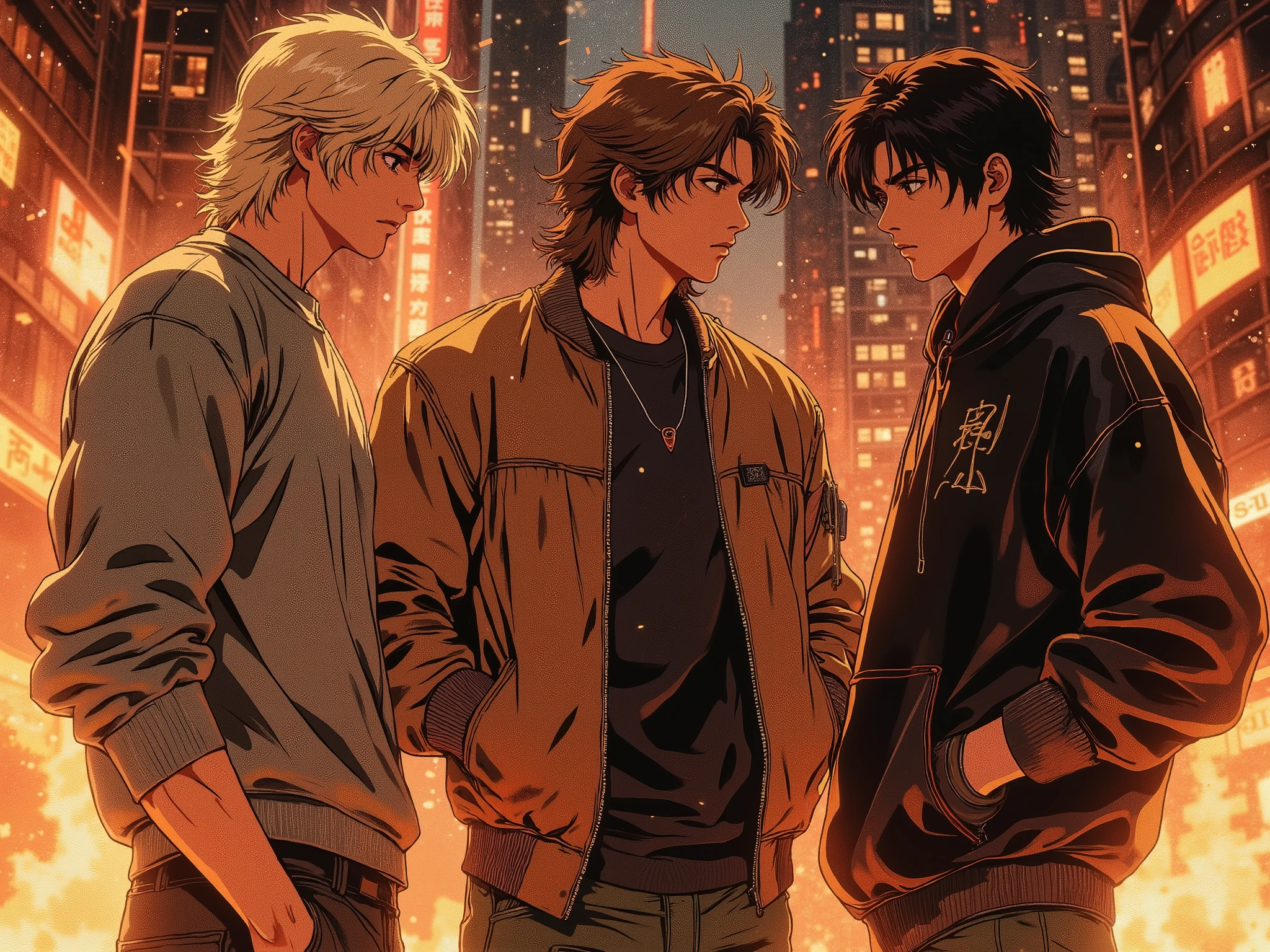 Three guys, twenty years old, alone with blond hair and a grey long sleeve shirt, another with brown hair and a brown bomber jacket , third Asian man with black hair in a black sweatshirt , show a fire show , dark tones