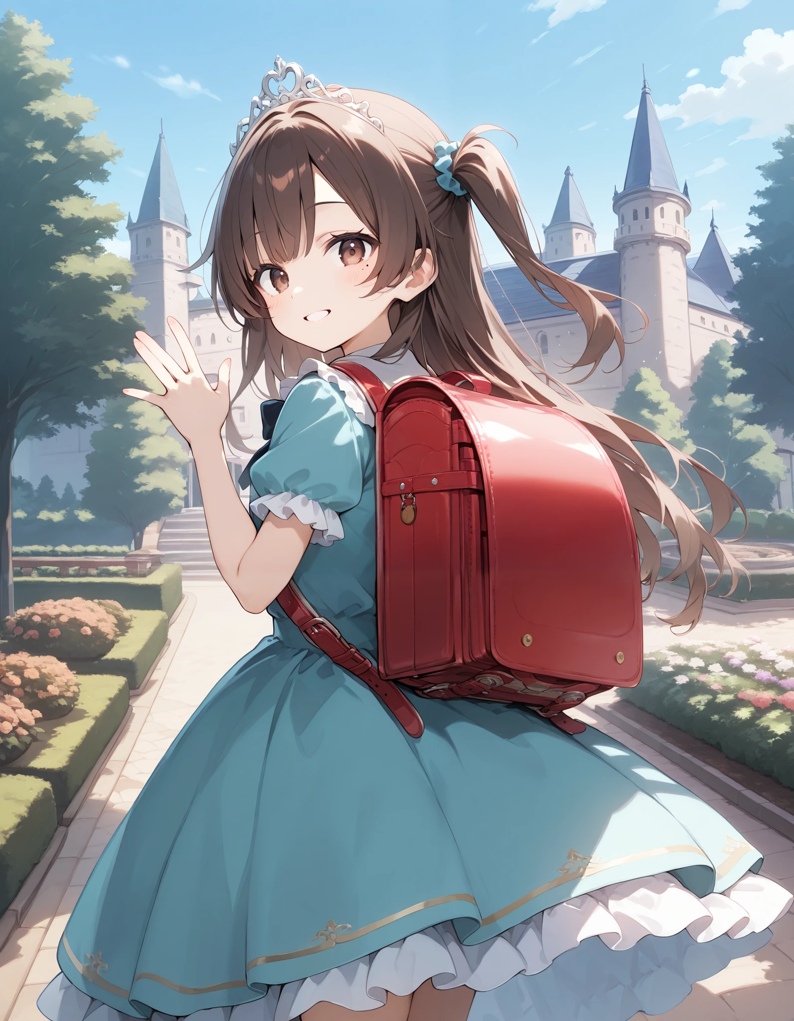 masterpiece, best quality, highres, 1girl, long hair, one side up, solo, ponytail,brown hair, masterpiece, best quality, highres, 1girl, , solo, brown hair, short hair, brown eyes, mole under eye, cowboy shot,, princess dress, princess Costume,bowtie, smile, (princess:1.2), frilled dress, tiara, castle, outdoor, garden, wearing randoseru backpack, (randoseru backpack:1.2), outdoor, day, back view, back body, backside, waving hands