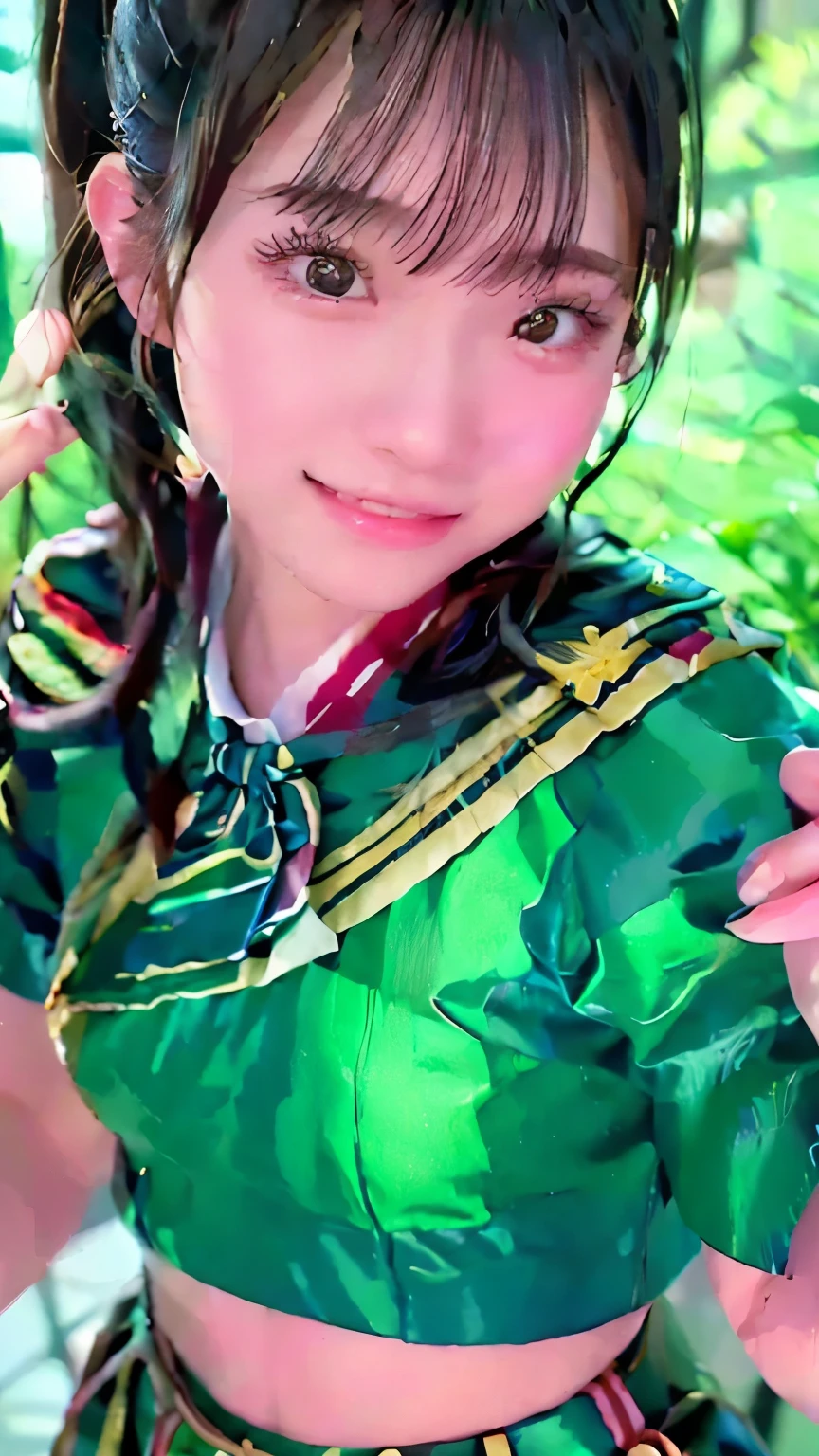   beautiful young Japanese woman  , Around 20 years old,  wearing a military uniform,   very detailedな,   8k resolution, とても exist, Cinema Lighting,   top quality,   Masterpiece,  exist,   physically-based rendering ,   very detailed,   vibrant colors,   Professional ,    Sharp Concentration,     studio lighting  .  black latex{ x}   standing facing the front  ,  bright smile