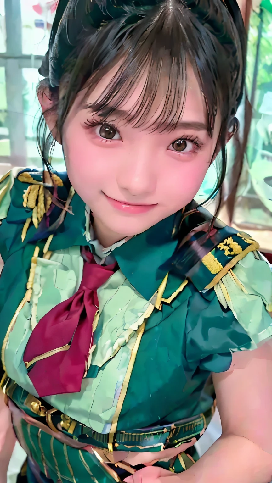 beautiful young Japanese woman , Around 20 years old, wearing a military uniform, very detailedな, 8k resolution, とても exist, Cinema Lighting, top quality, Masterpiece, exist, physically-based rendering , very detailed, vibrant colors, Professional , Sharp Concentration, studio lighting . black latex{ x} standing facing the front , bright smile