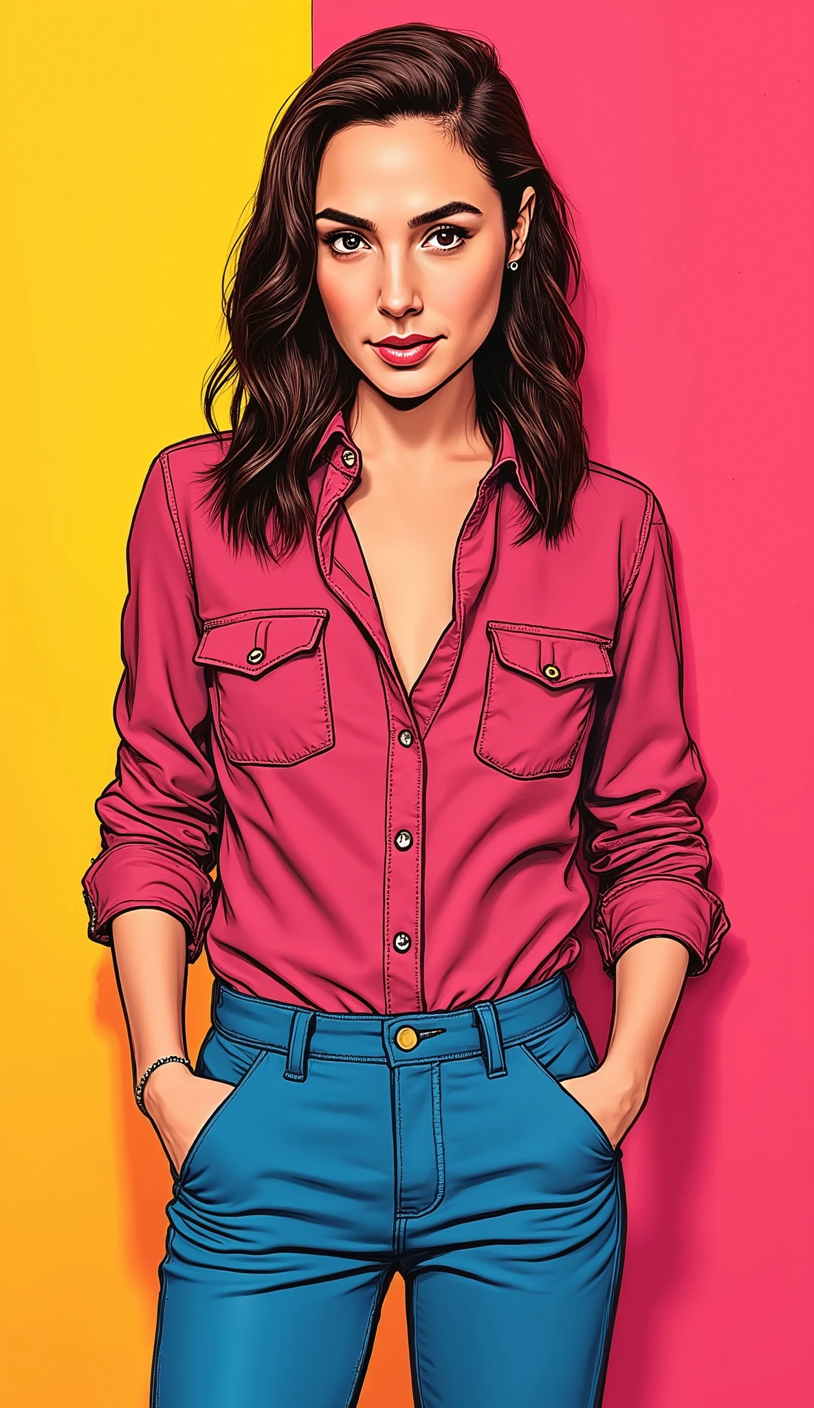 discreet image. with discreet and sexy casual clothing. , American, comic style. drawin image , with a discreet smile . IMAGES WITH VIBRANT COLORS . with colorful background