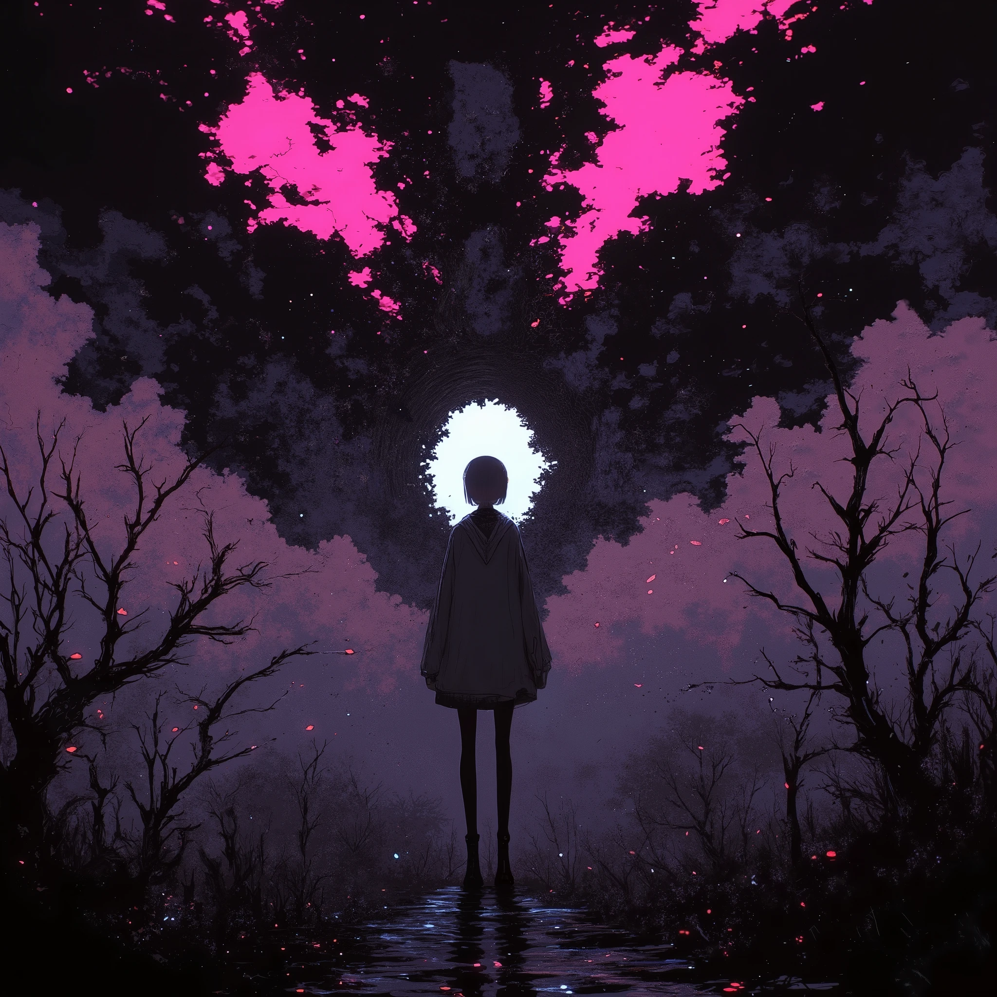   manga style digital illustration:1.5, broken sky  ,  Dramatic sky ,   Apocalyptic sky   ,  Конец lightа , Dark Clouds,  dramatic lighting,    creepy atmosphere   ,  movie, Dull color , sullen,  Dark, atmosphere ,  Complex cloud shapes  ,   textured clouds   , light,    surround lighting  ,   realistic, photo  realistic,  very detailed , 8 k,  masterpiece,  one girl standing in line alone 