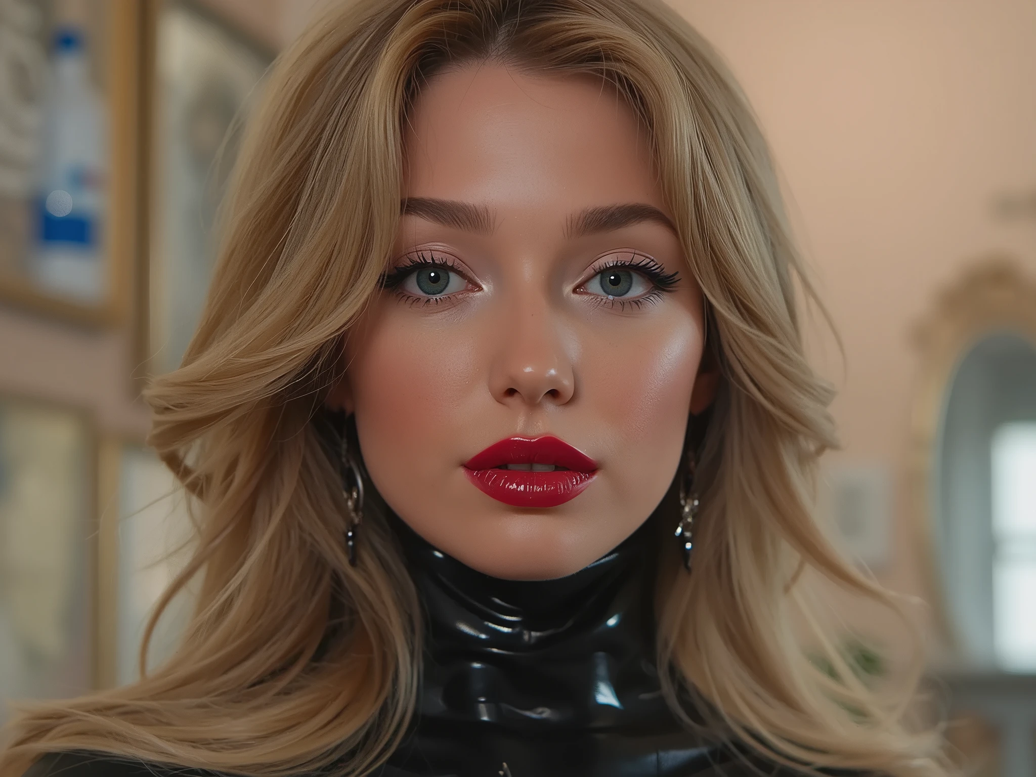 full body portrait, woman wearing a latex full body catsuit, deep red shiny lip gloss, eyeliner flicks, eye shadow, elegant blonde hair