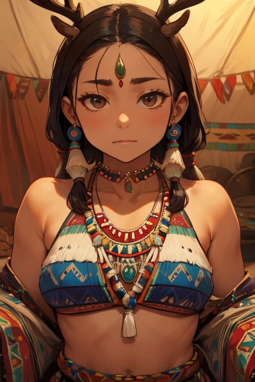 ((Highest quality)), ((masterpiece)), (detailed), （Perfect Face）、The woman was Shinobu Kocho, a black African woman of an indigenous tribe with very short black hair, natural curls, and dark skin. Her nipples were black, her indigenous breasts were not hidden, she was dressed in tribal clothing and tribal accessories, and she had tattoos and paint all over her body, making her the perfect indigenous African woman, having become a tribal woman in both body and mind.、In a tribal village, she becomes the wife of a tribal elder and embraces, kisses, and loves and snuggles with the elder.