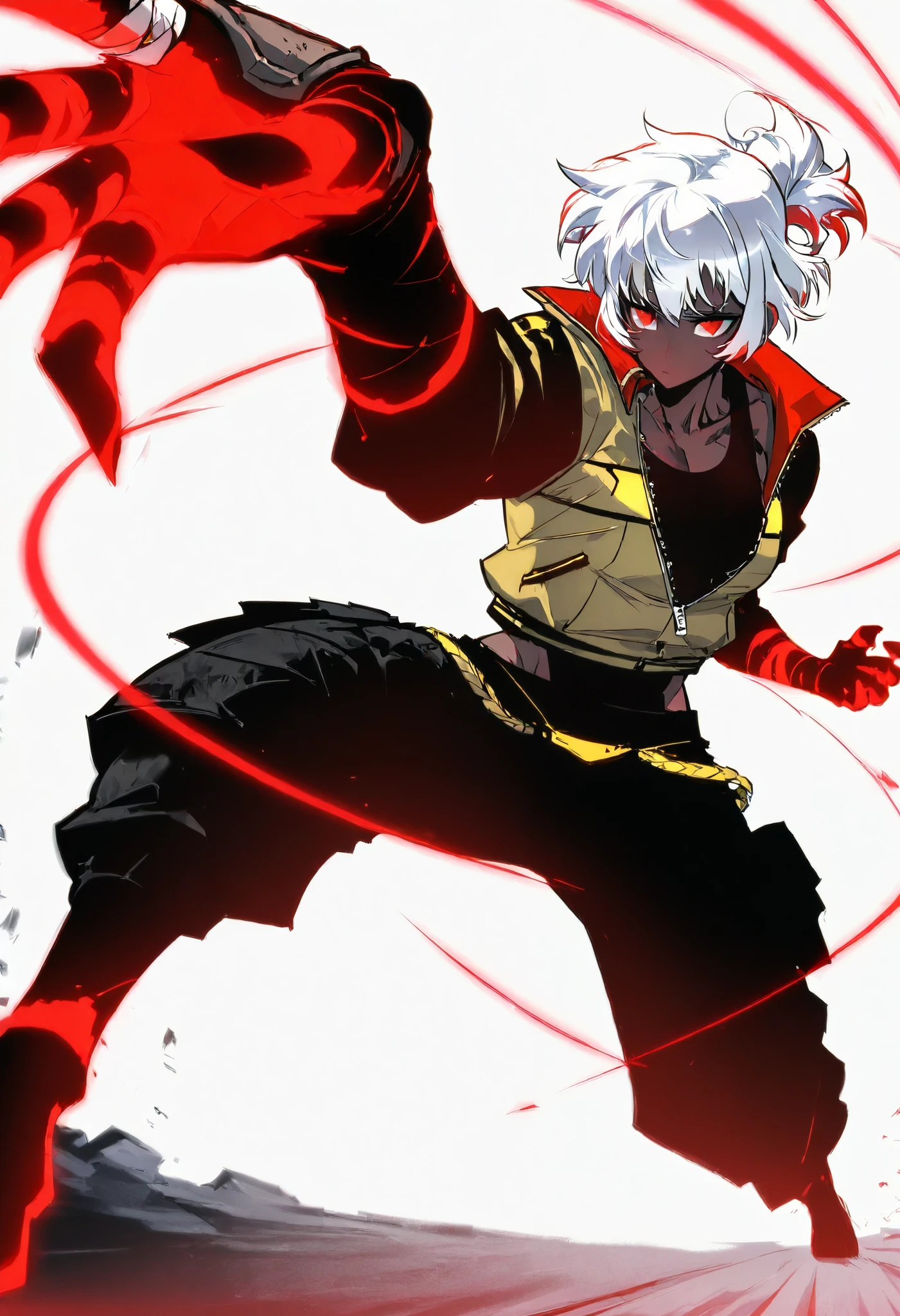Midly Muscular darkskin woman in futuristic fantasy clothes, white short hair with red highlight in a ponytail, red eyes, black tight tank-top, bandage on her forearms , yellow unzipped jacket, black cargo pant, highly detailed, Dynamic pose, white background
