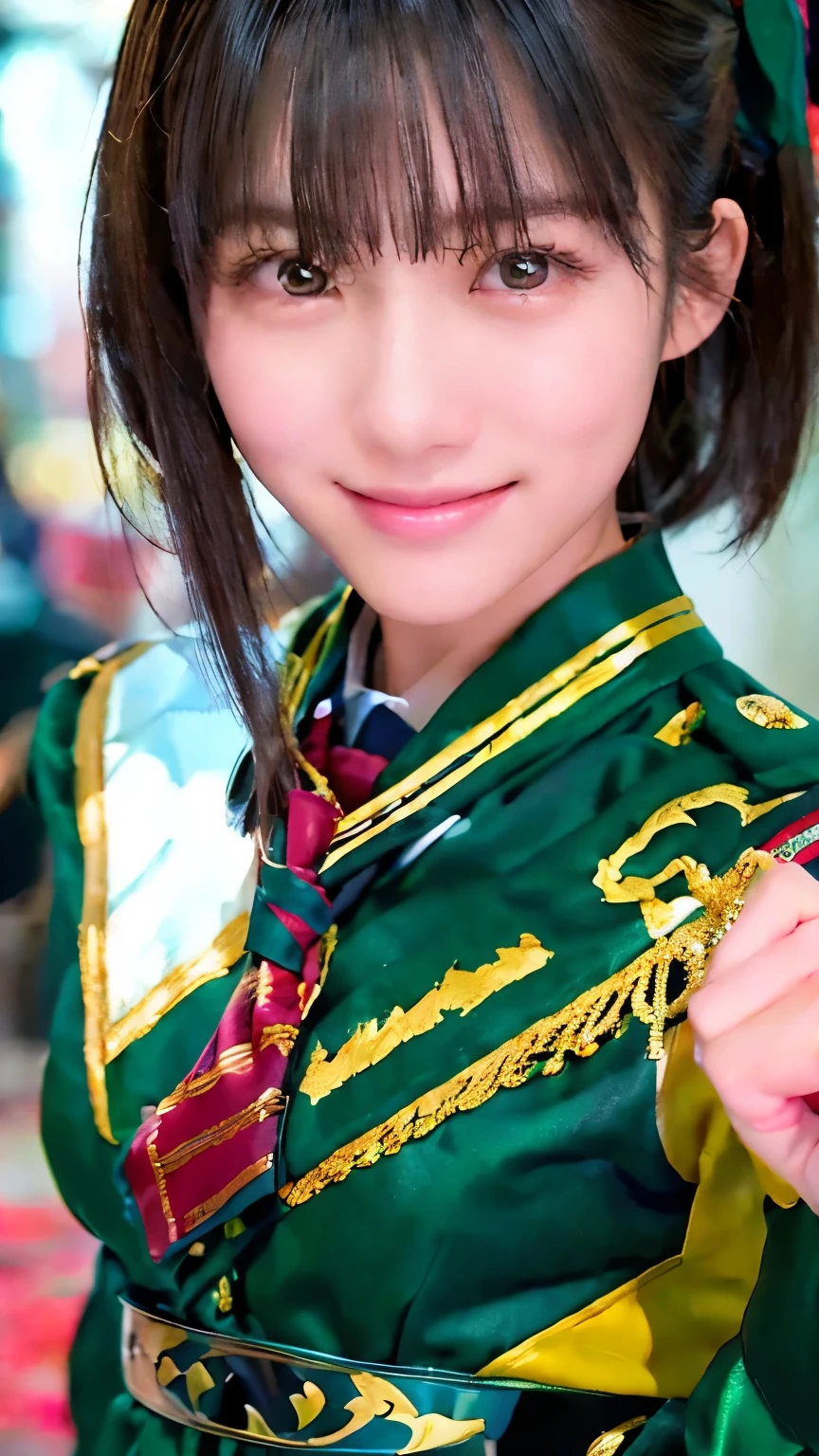 beautiful young Japanese woman , Around 20 years old, wearing a military uniform, very detailedな, 8k resolution, とても exist, Cinema Lighting, top quality, Masterpiece, exist, physically-based rendering , very detailed, vibrant colors, Professional , Sharp Concentration, studio lighting . black latex{ x} standing facing the front , bright smile