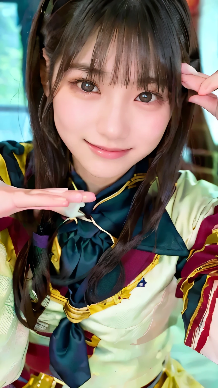   beautiful young Japanese woman  , Around 20 years old,  wearing a military uniform,   very detailedな,   8k resolution, とても exist, Cinema Lighting,   top quality,   Masterpiece,  exist,   physically-based rendering ,   very detailed,   vibrant colors,   Professional ,    Sharp Concentration,     studio lighting  .  black latex{ x}   standing facing the front  ,  bright smile