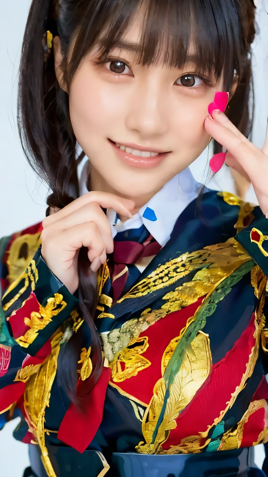   beautiful young Japanese woman  , Around 20 years old,  wearing a military uniform,   very detailedな,   8k resolution, とても exist, Cinema Lighting,   top quality,   Masterpiece,  exist,   physically-based rendering ,   very detailed,   vibrant colors,   Professional ,    Sharp Concentration,     studio lighting  .  black latex{ x}   standing facing the front  ,  bright smile