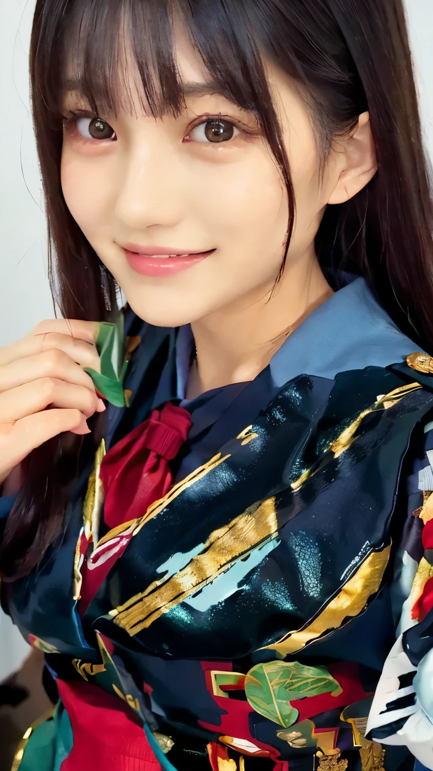   beautiful young Japanese woman  , Around 20 years old,  wearing a military uniform,   very detailedな,   8k resolution, とても exist, Cinema Lighting,   top quality,   Masterpiece,  exist,   physically-based rendering ,   very detailed,   vibrant colors,   Professional ,    Sharp Concentration,     studio lighting  .  black latex{ x}   standing facing the front  ,  bright smile