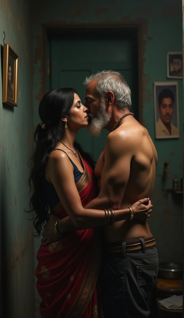 high quality, 8K Ultra HD, A Beautiful Indian Woman, Wearing a tight Kurti, Large Cleavage exposed, Kissing a Old Man, Standing in Rain.