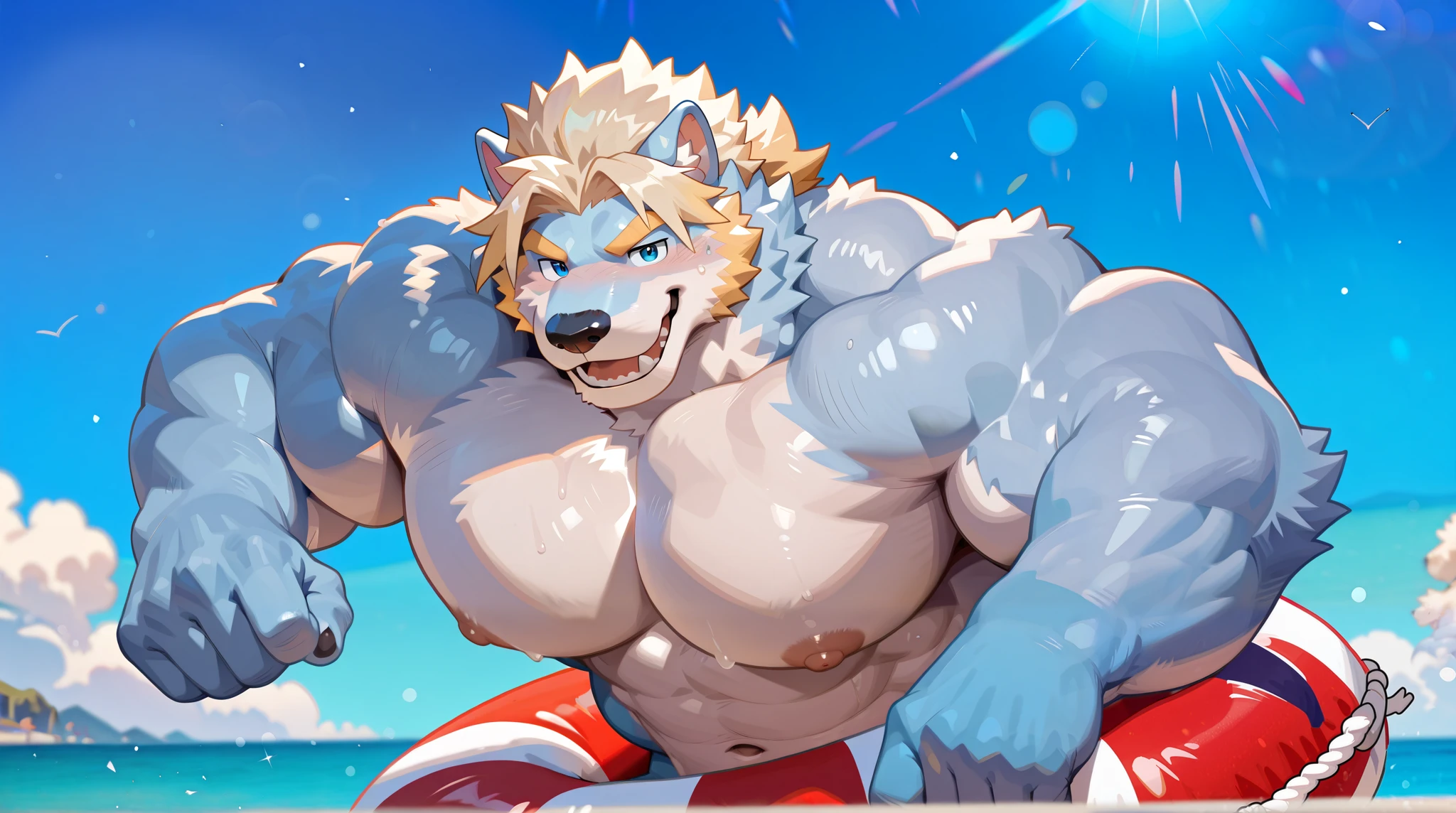 Blue Dragon holding a lifebuoy at sea, Blonde Hair ,blue pupil pixiv contest winners, furry art , muscular ,Super strong and cool , colorful muscular , Do a passionate pose, muscular !!, highest image quality!!,The tsunami is behind him