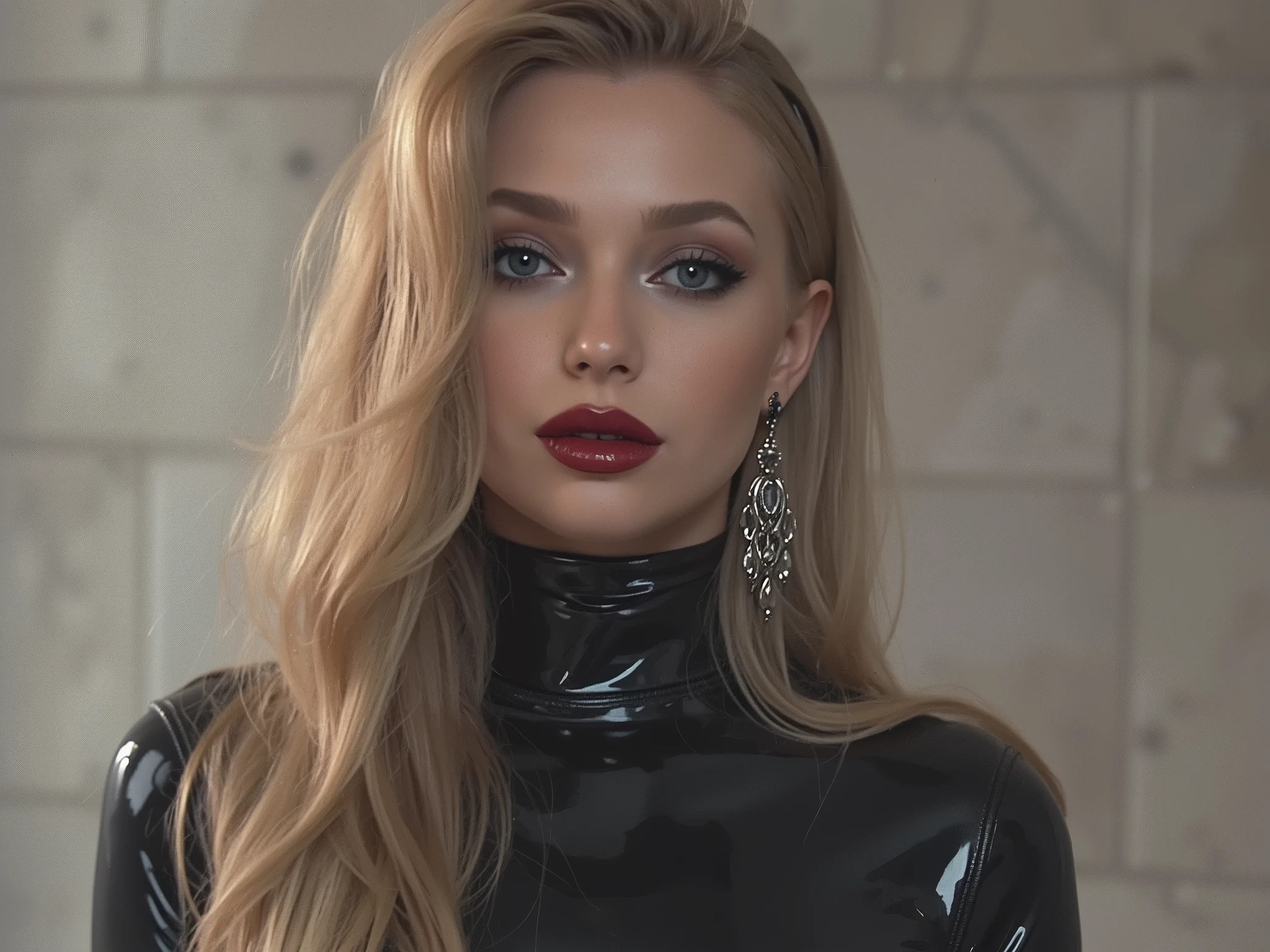 full body portrait, woman wearing a latex full body catsuit, deep red shiny lip gloss, eyeliner flicks, eye shadow, elegant blonde hair