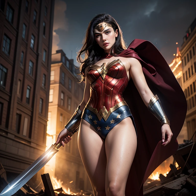 wonder woman poster, GAL GADOT, thick-thighs, wielding a sword, Plenty of lighting, battlefield background at sunset, BIG ASS