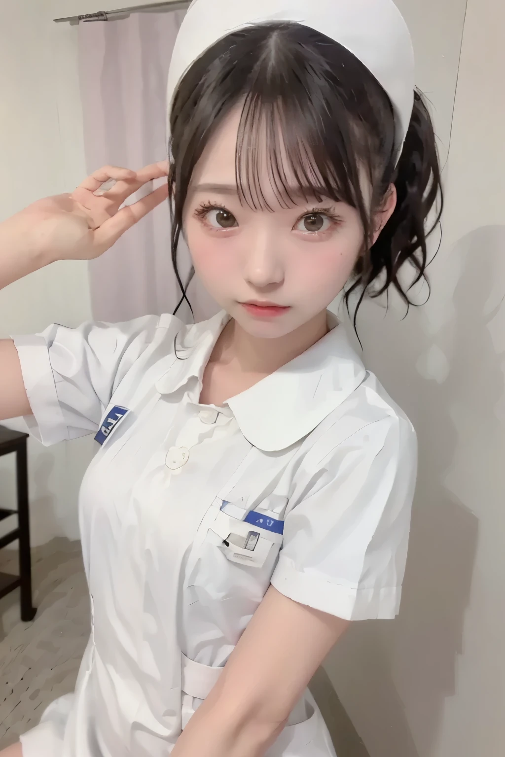 ( Masterpiece:1.3)、  Very nice finish 、(  high resolution、8k:1.3)、(  top quality 、  Super realistic as pictured  :1.5)、 G , 超  high resolutionの顔、  The face against the white wall is in focus、 Ultra-high definition beautiful eyes、  eyes are symmetrical  :1.3、 High quality beautiful skin 、 Tone Skin 、  in the seat, 18 years old、  Nurse、((White   Nurse uniform))、 very cute 、 very cute 、   Natural Cosmetic,   glossy lips 、wet eyes:1.3, :1.3,   of pussy is embarrassing:1.3、  watches viewers,    short hair