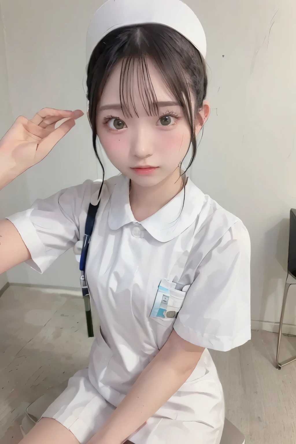 ( Masterpiece:1.3)、 Very nice finish 、( high resolution、8k:1.3)、( top quality 、 Super realistic as pictured :1.5)、 G , 超 high resolutionの顔、 The face against the white wall is in focus、 Ultra-high definition beautiful eyes、 eyes are symmetrical :1.3、 High quality beautiful skin 、 Tone Skin 、 in the seat, 18 years old、 Nurse、((White Nurse uniform))、 very cute 、 very cute 、 Natural Cosmetic, glossy lips 、wet eyes:1.3, :1.3, of pussy is embarrassing:1.3、 watches viewers, short hair
