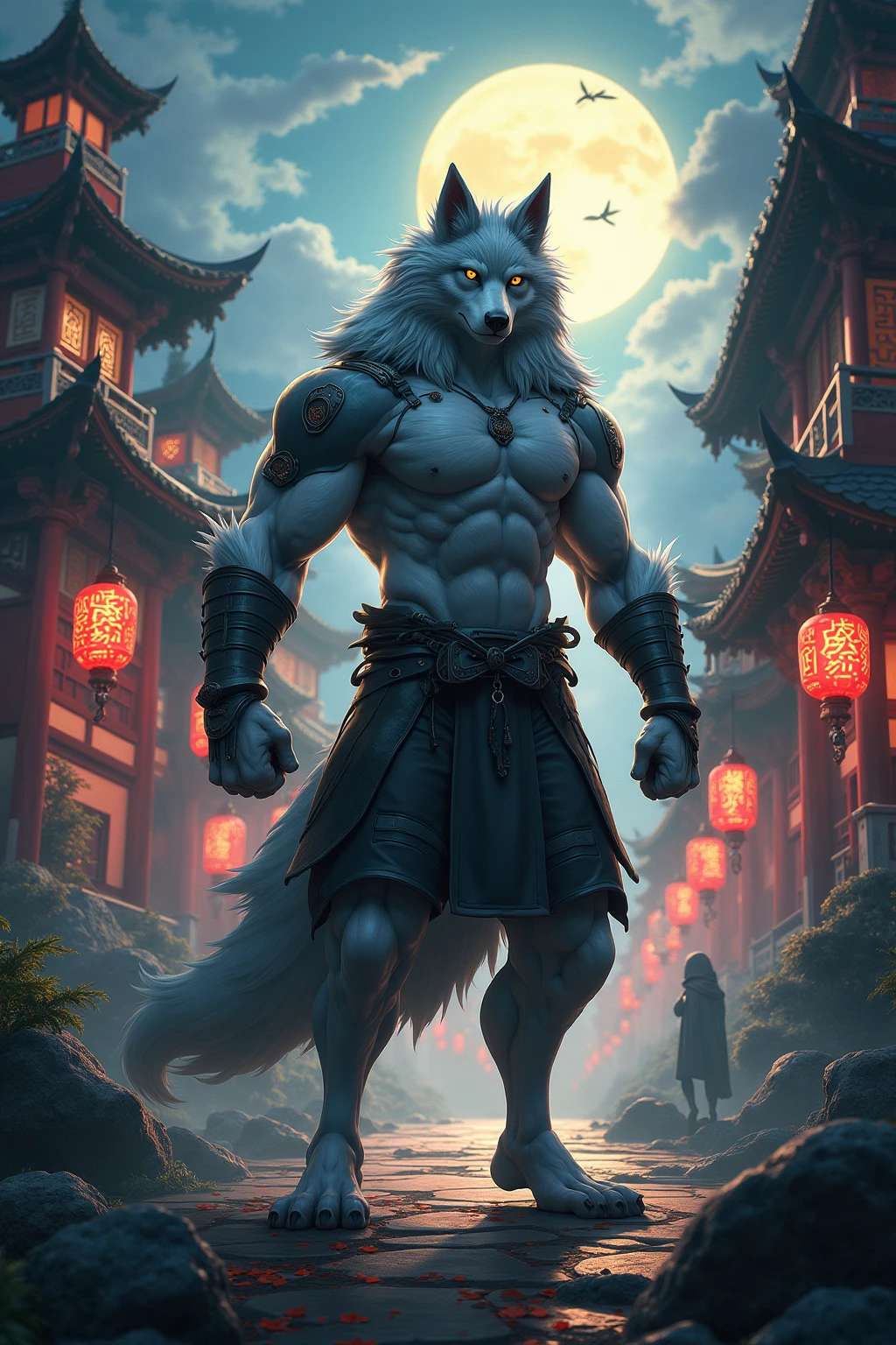 ultra-detailed, masterpiece, masterwork, high quality, best quality, hdr, japanese style, nature, (nsfw), (solo), male, werewolf, chibi, (white little body werewolf), (white body), (torn loincloth), (long silver hair), (yellow eyes), standing, dynamic angle, earrings, wolf foots,