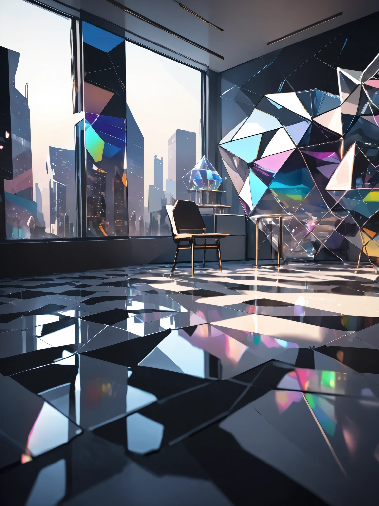 low poly style, polygonal character, geometric face and body, angular shapes, faceted shadows, cel shading, monochrome grisaille highlights, metallic paint accents, polygonal interior and furniture, geometric cityscape, bloom effect (soft glowing light), refraction effect (glass distortion), motion blur (unnatural smoothness), iridescent flow (colorful gradient on polygons)