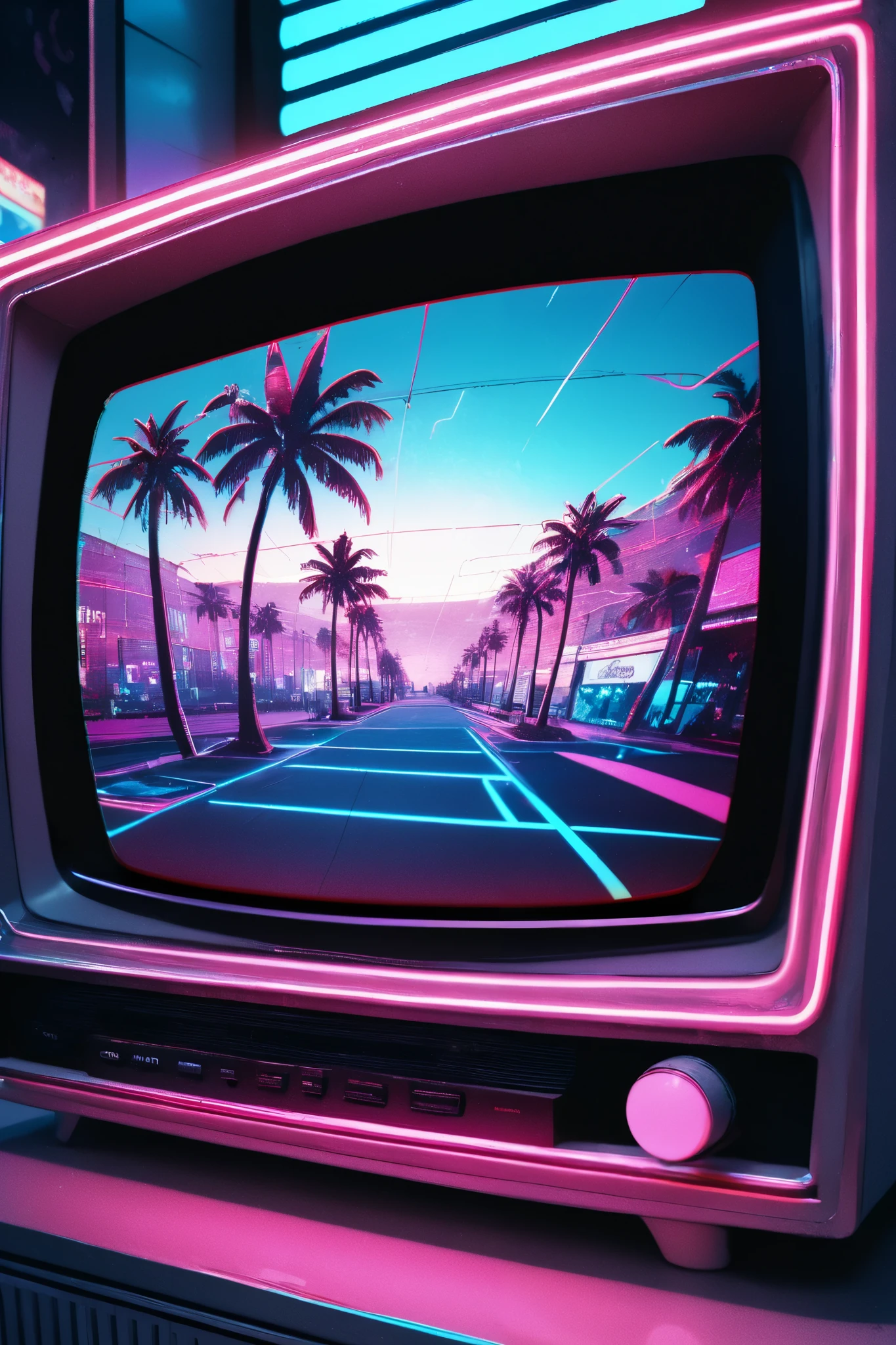 dynamic angle, vaporwave aesthetic, retro-futuristic theme, pastel neon color palette (pink, blue, purple), long black hair with neon highlights, grid-patterned skirt, glowing drink, palm trees, CRT television, roman statue elements, digital glitch effects, chromatic aberration (red-blue shift), retro TV noise (VHS texture), glow effect (neon lighting), soft cyberpunk ambiance