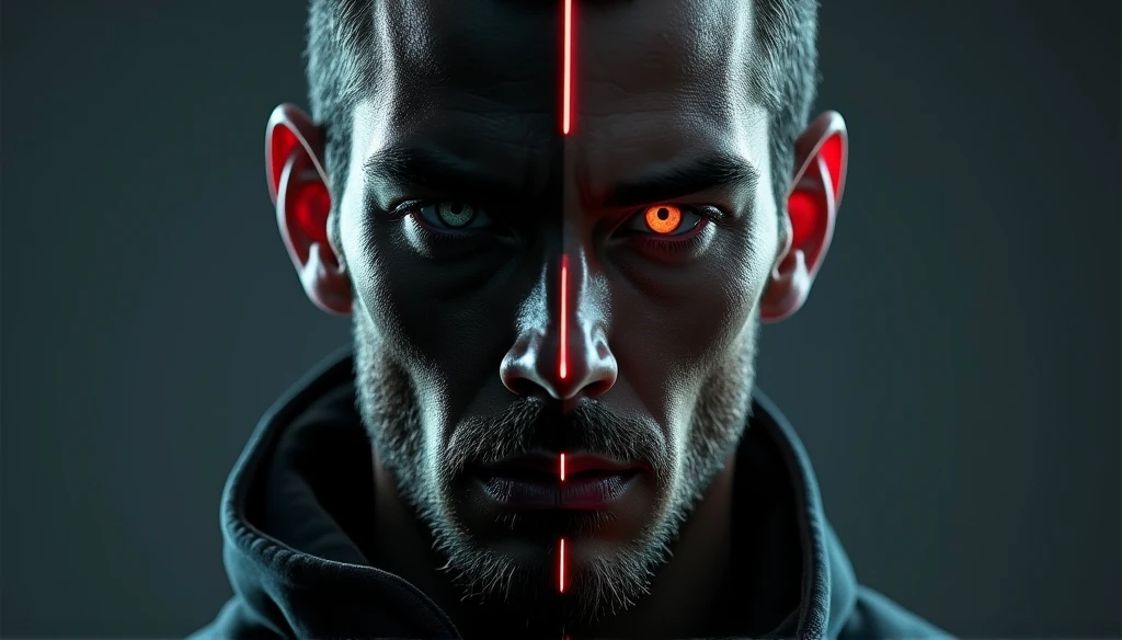 A close up of a man with red eyes and a black hoodie - SeaArt AI