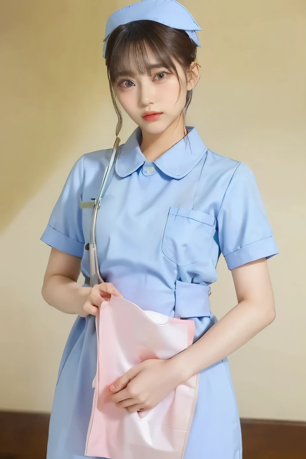 ( Masterpiece:1.3)、  Very nice finish 、(  high resolution、8k:1.3)、(  top quality 、  Super realistic as pictured  :1.5)、 G , 超  high resolutionの顔、  The face against the white wall is in focus、 Ultra-high definition beautiful eyes、  eyes are symmetrical  :1.3、 High quality beautiful skin 、 Tone Skin 、  in the seat, 18 years old、  Nurse、((White   Nurse uniform))、 very cute 、 very cute 、   Natural Cosmetic,   glossy lips 、wet eyes:1.3, :1.3,   of pussy is embarrassing:1.3、  watches viewers,    short hair