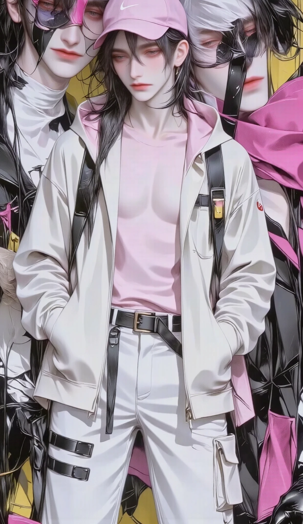 Sakura arafed woman with loose jacket with pockets and pink hood and wide black pants with pockets and long belts drawings wears a cap with a pink visor and the Nike brand, standing in front of a graffiti , cyberpunk urban clothing, wearing cyberpunk urban clothing, cyberpunk style, fashion illustration cypherpunk , in cyberpunk style, cyberpunk style color, cyberpunk style outfit, cyberpunk costume, hyper-realistic cyberpunk style, Pink Vibration, wearing Japanese technological clothing , cyberpunk style, muted cyberpunk style, rossdraws vibrant cartoons