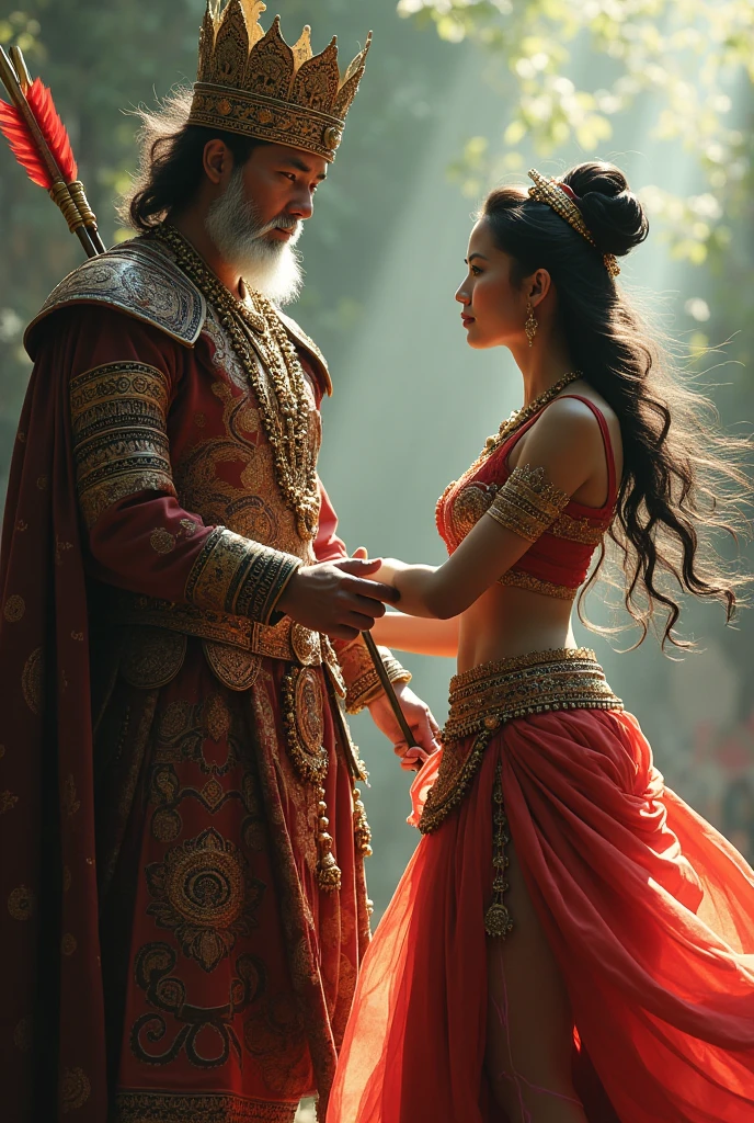 In Cinematic 3D animation style images"The Nagin, transformed into a serene figure, handing over the Rakt vajra to Arjun"