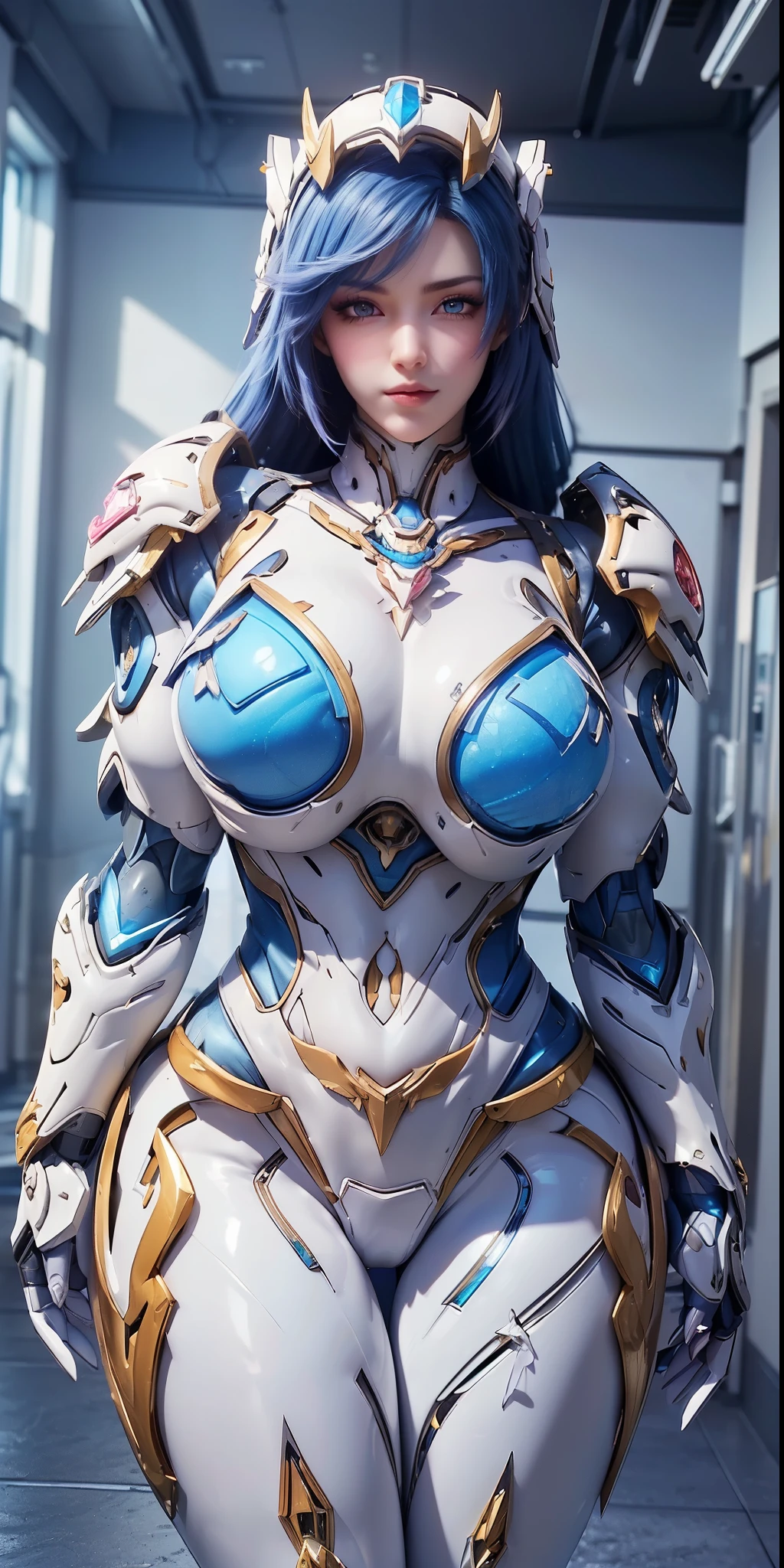A beauty mechas girl, mecha_musume, 1 robot knight, 1GIRL, blue and pink multiple color hair, (CLOSE UP UPPER BODY:0.8), (COWBOY SHOT PORTRAIT:1.4), (GOLDEN DRAGON HEAD HELM:1.3),((GIGANTIC FAKE BREASTS:1.5)), (11 line ABS:1.3), ((MECHA GUARD ARMS, MECHA GUARD SHOULDER CRYSTAL CORE:1.2)), (SHINY BLUE CRYSTAL CORE ON MECHA STARRY SKY MOTIF ARMOR FORM OVERWATCH,WHITE MECHA TIGHT BABES ARMORED:1.5), (MUSCULAR HOURGLASS BODY, GLOWING BODY PALE SKIN:1.3), (LOOKING AT VIEWER:1.5), (HALLWAY OF FUTURISTIC SPACE STATION:1.3), (BRIGHT LIGHT WHITE_ROOM:1.3), HYPER TEXTURE, UNREAL ENGINE RENDER, PHYSICALLY-BASED RENDERING, ULTRA HIGHT DEFINITION, 16K, DSLR, 1080P.