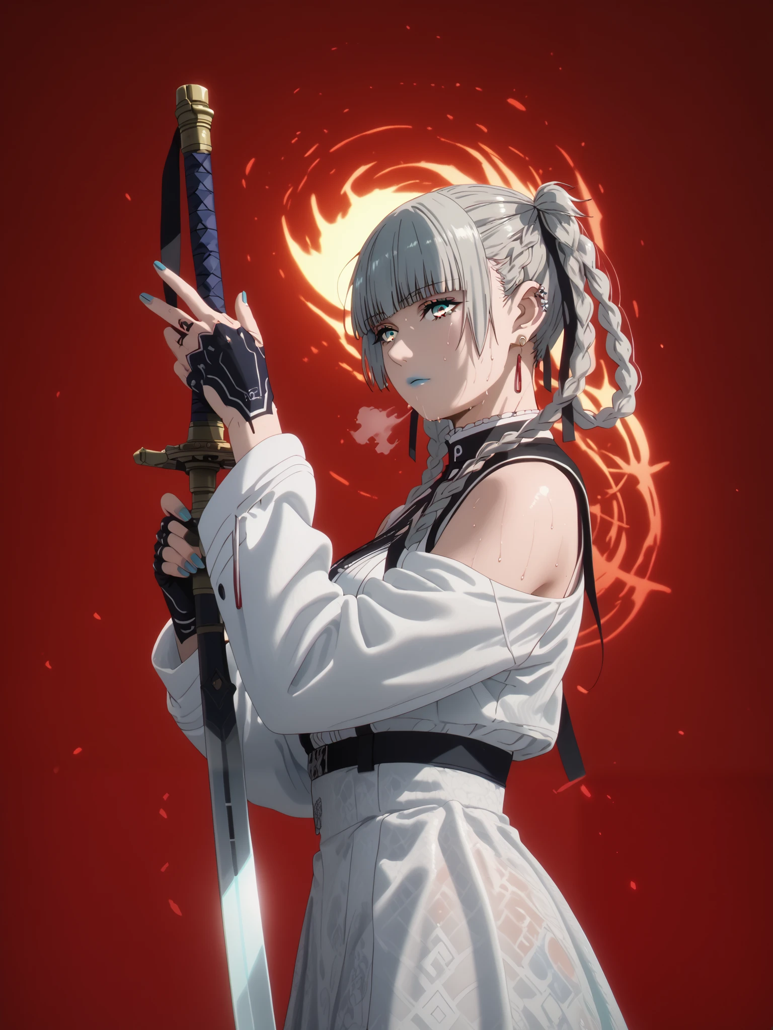 GotExpressCinematic, score_9, score_8_up, score_7_up, score_6_up, uncensored, Kirari, braid, makeup, twin braids, blunt bangs, aqua nails, aqua eyes, blue lips, hair ribbon, grey hair, nail polish, shaded face, large breasts, bright pupils, anime coloring, anime screencap, (voluptuous:1.3), (thick:1.3), BREAK UHD, retina, masterpiece, accurate, anatomically correct, textured skin, super detail, high details, high quality, award winning, best quality, highres, 4K, excessive sweating, sweating, sweating drop, (gasping, heavy breathing:1.3), (skindentation:1.2), perfect eyes, beautiful eyes, eyelashes, makeup, detailed body, perfect body, BREAK, 1girl, weapon, solo, sword, red_background, earrings, jewelry, horns, katana, holding_weapon, holding, oni_horns, simple_background, ear_piercing, sheath, holding_sword, oni, mechanical_arms, white_jacket, piercing, jacket, cyberpunk, profile, from_side, sheathed, looking_at_viewer, cyborg, 