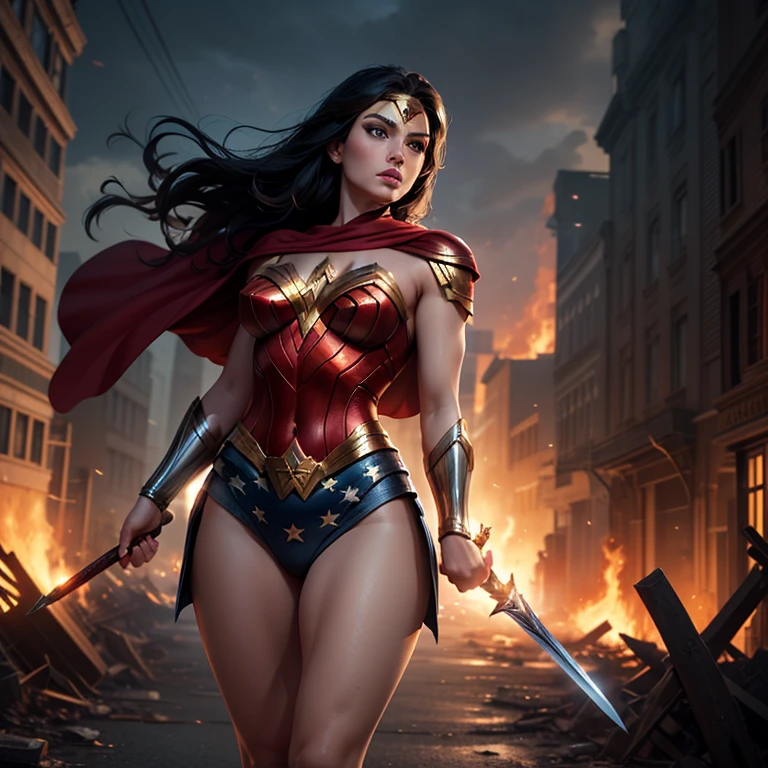 Wonder woman, Portrait photo by Altgarm, realism style, Glowing skin, Cartoon hero, Defined lips, Strong physical strength, Feminine body, Full body, viewer, Depth of field f/1.8, natta, ultra wide lens, ((Shooting from below)), (large udder:1.2), Ancient Greece, Stars in the night sky, a moon,