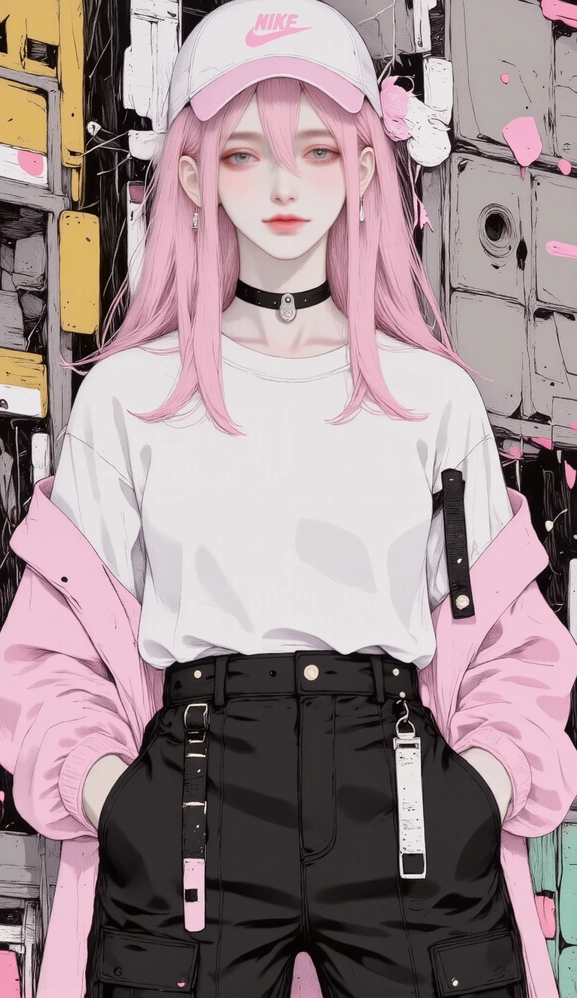 flat great general full body from head to toe, centered image, Sakura arafed woman with loose jacket with pockets and pink hood and wide black pants with pockets and long belts drawings wears a cap with a pink visor and the Nike brand, standing in front of a graffiti of typographies , fun and sensual dynamic pose smiling at the camera :1.4, cyberpunk urban clothing, wearing cyberpunk urban clothing, cyberpunk style, fashion illustration cypherpunk , in cyberpunk style, cyberpunk style color, cyberpunk style outfit, cyberpunk costume, hyper-realistic cyberpunk style, Pink Vibration, wearing Japanese technological clothing , cyberpunk style, muted cyberpunk style, rossdraws vibrant cartoons