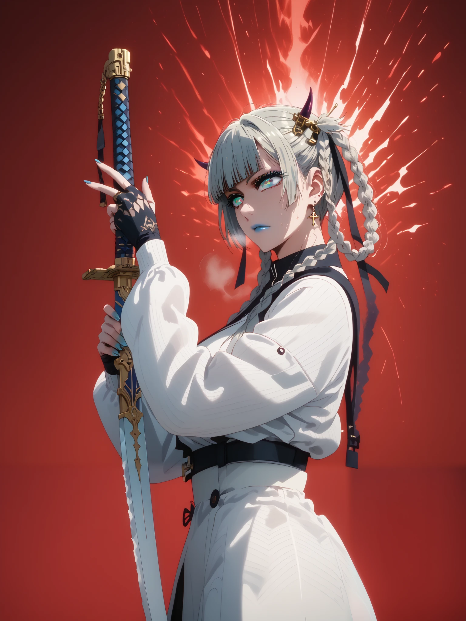 GotExpressCinematic, score_9, score_8_up, score_7_up, score_6_up, uncensored, Kirari, braid, makeup, twin braids, blunt bangs, aqua nails, aqua eyes, blue lips, hair ribbon, grey hair, nail polish, shaded face, large breasts, bright pupils, anime coloring, anime screencap, (voluptuous:1.3), (thick:1.3), BREAK UHD, retina, masterpiece, accurate, anatomically correct, textured skin, super detail, high details, high quality, award winning, best quality, highres, 4K, excessive sweating, sweating, sweating drop, (gasping, heavy breathing:1.3), (skindentation:1.2), perfect eyes, beautiful eyes, eyelashes, makeup, detailed body, perfect body, BREAK, 1girl, weapon, solo, sword, red_background, earrings, jewelry, horns, katana, holding_weapon, holding, oni_horns, simple_background, ear_piercing, sheath, holding_sword, oni, mechanical_arms, white_jacket, piercing, jacket, cyberpunk, profile, from_side, sheathed, looking_at_viewer, cyborg, (aura:1.4)