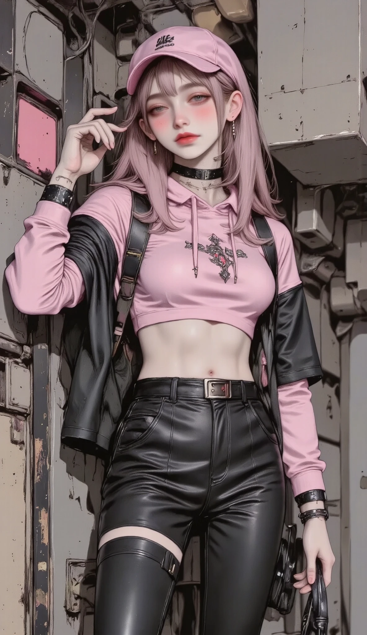 flat great general full body from head to toe, centered image, Sakura arafed woman with loose jacket with pockets and pink hood and wide black pants with pockets and long belts drawings wears a cap with a pink visor and the Nike brand, standing in front of a graffiti of typographies , fun and sensual dynamic pose smiling at the camera :1.4, cyberpunk urban clothing, wearing cyberpunk urban clothing, cyberpunk style, fashion illustration cypherpunk , in cyberpunk style, cyberpunk style color, cyberpunk style outfit, cyberpunk costume, hyper-realistic cyberpunk style, Pink Vibration, wearing Japanese technological clothing , cyberpunk style, muted cyberpunk style, rossdraws vibrant cartoons