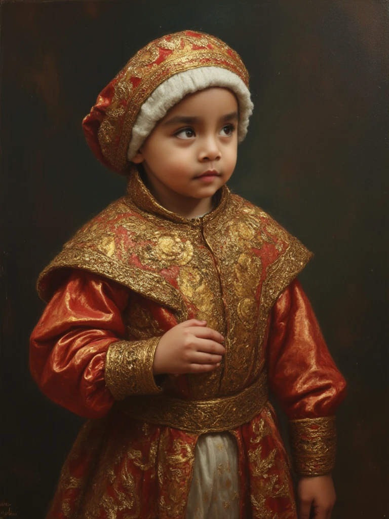 a close up of an oil painting of a 13 year old boy wearing a multicolored hat with gold on red colors, Unripe, blue and gold, inspired by James Christensen, inspirado em James C. Christensen, very Beautiful portrait, johannes vemeer, beautiful character painting, Beautiful portrait, Rembrandt beautiful light, inspired by Geertgen all Sint Jans, Rembrandt oil, in high renaissance style