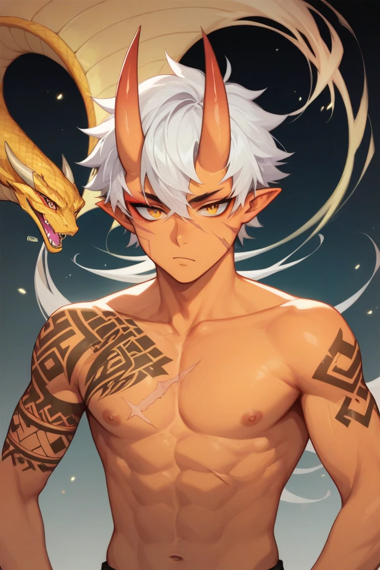 score_9, score_8_up, score_7_up, score_6_up, rating explicit, focus male, source anime, 1boy, Abyss boy, yaoi, dark gradient limbs, male hair over one eye, horn, male focus, male, monster boy, solo, navel, tattoo, straddling tattoo