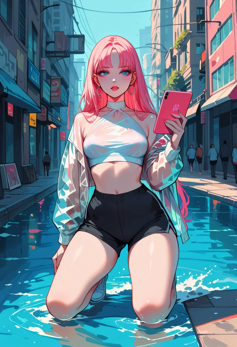(Highest image quality:1.35), high quality, (8k:1.3), Realistic photos, (A beautiful woman:1.33), (Muscular body:1.2)，(Depth of field/1.8), (looking at camera:1.35), Clear focus, (Muscular thighs:1.4), Original Photography, (Stroboscopic photography:1.5）， Super Detail, High Detail, high quality, high resolution, (From head to knees:1.4), Masterpiece of art, exquisite work, high quality, and realistic details. In the center of the scene is a lady with wavy hair, a headband, square-framed glasses, filled eyebrows, blush, eyeshadow, heavy makeup, and red lips. She is dressed in a business suit with a thousand bird pattern, a white silk shirt, and wears black pleated shorts, tight stockings, black silky tights, and high heels. Her skin is fair and delicate, she sports a Rolex watch, pearl necklace, hand chain, and wedding ring. With her voluptuous thighs and slender body,spread legs.big breasts。sitting on the middle street