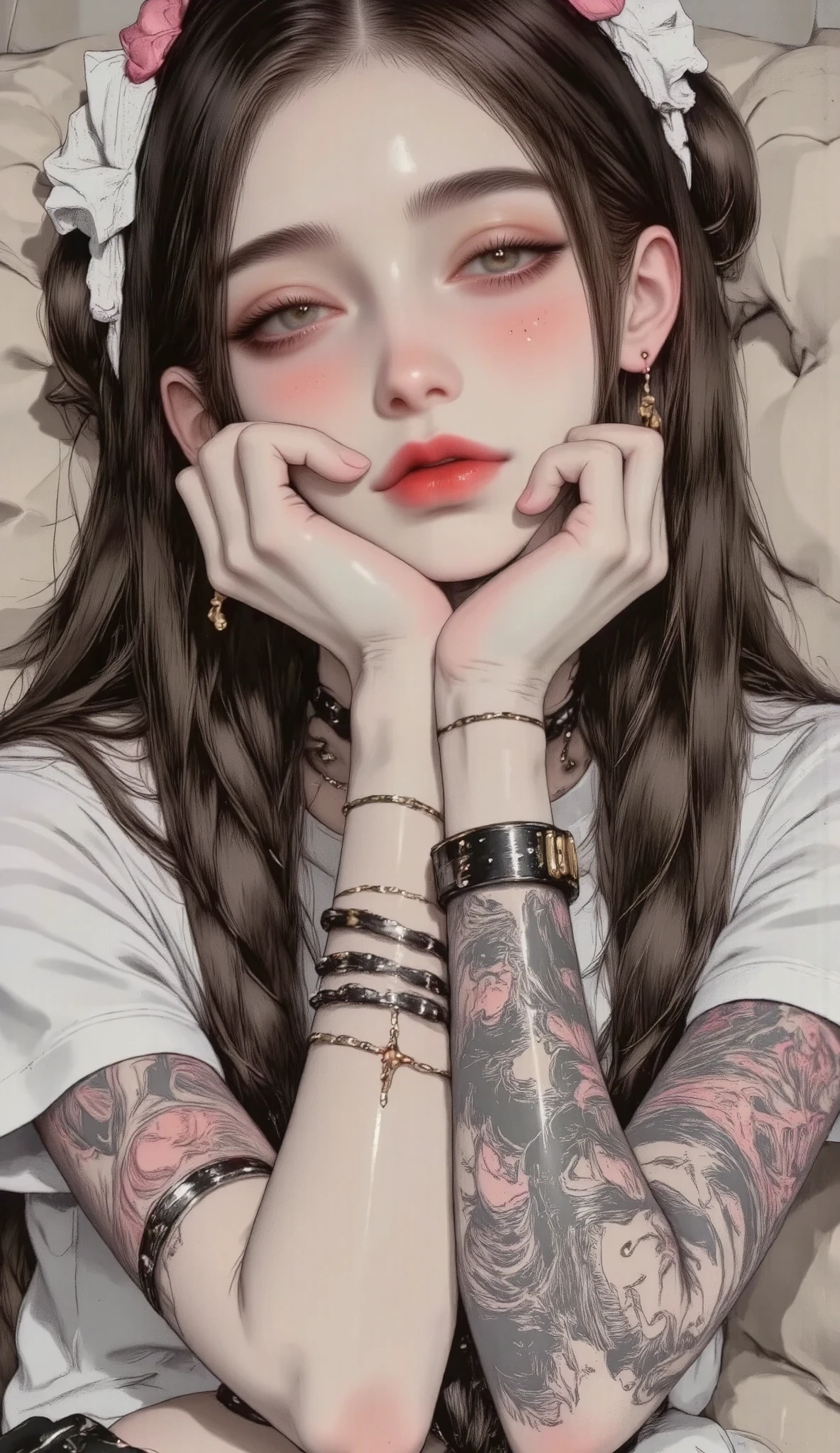 a woman with long hair that falls on her shoulders both hands on her face as if holding it and resting her elbows on her knees, white sweatshirt and tattoos sitting on a sofa , detailed and beautiful portrait, cuerpo y rostro hermosos y detallados, highly detailed portrait, Detailed portrait of an anime girl , 🤤 portrait of a girl, nice detailed art, Detailed woman, extremely Detailed woman, Detailed illustration of portrait , Beautiful drawing style , extremely detailed portrait , with long hair and piercing eyes , tattoo style