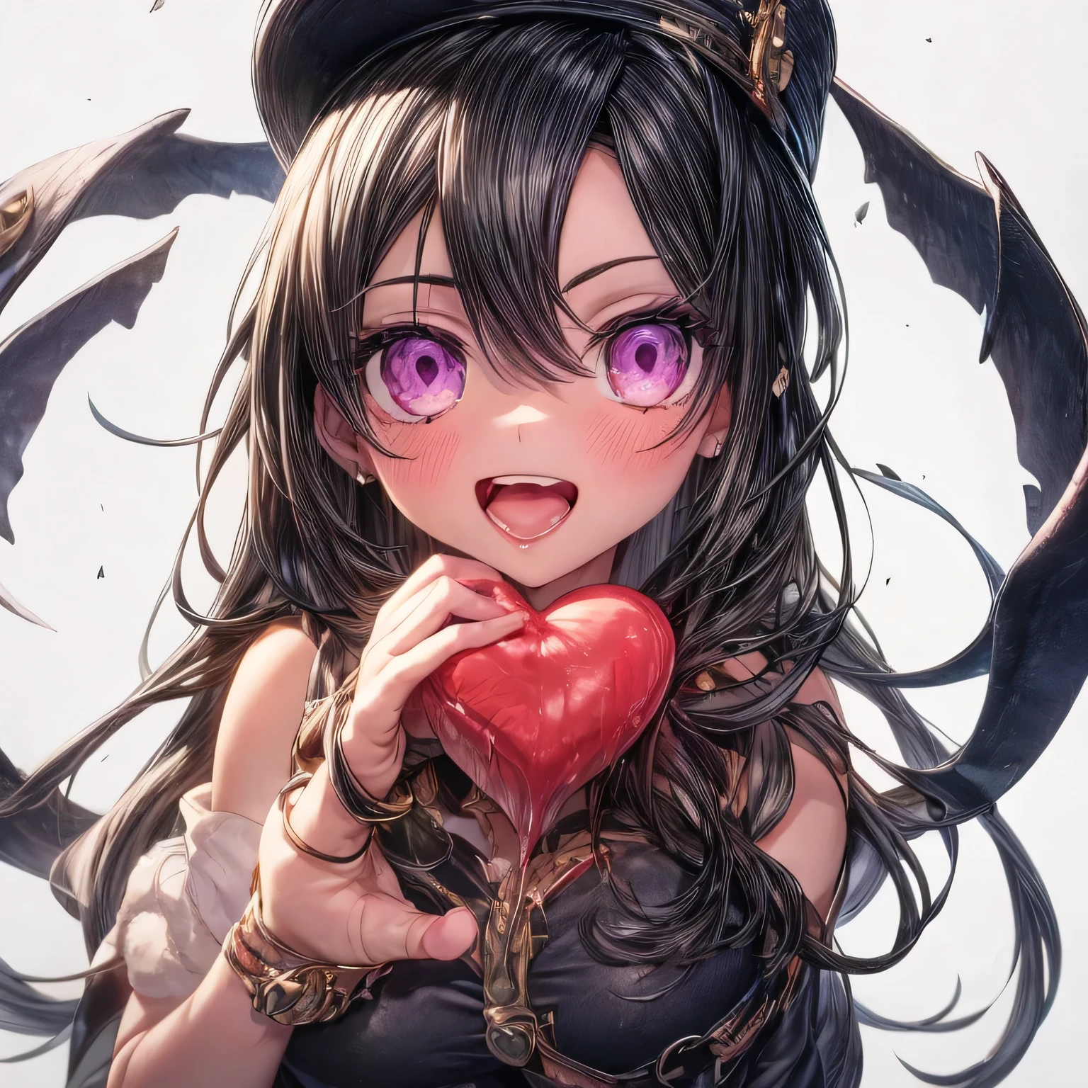 Hi resolution, best quality, beautiful girl, long brown hair, purple eyes, large breasts, holding a red and bleeding heart in her hands, dark background