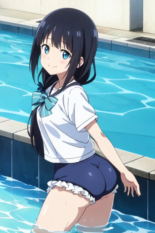 masterpiece, blue school swimsuit, best quality, 1girl, standing in front of viewer, view from back, short black hair, twin tail hairstyle, green eyes, small breasts, happy, in swimming pool, full body