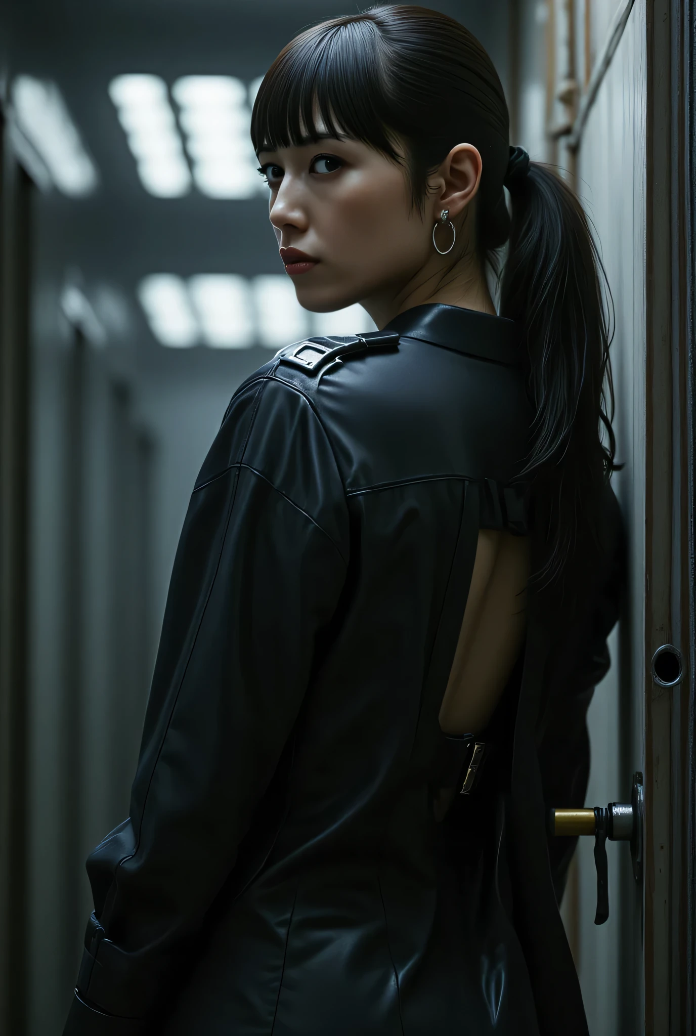 (((The dark interior of the Nostromo ship :2.0))),((( HR Gigger Style Cyberpunk Atmosphere :2.0))),(((Hold a cyberpunk-style matchlock:2.0))),Side view from the back ,Side pose,(( Look Back and Look at the Camera:2.0)),(( Looking Over My Shoulder :2.0)),Rear View,((whole body:2.0)), one woman,( cute face),(Beautiful well-balanced face ),(( natural big breasted :2.0)),( black hair:1.5),( beautiful eyes:1.3), Glamorous Shot of a 20-year-old Japanese Woman , Slender Beautiful Body ,(( Model Body Type:2.0)),(( slim body with hot water:1.7)), perfect body line , Ideal Proportions ,( big breasts:2.0),Bare thighs, sensual thighs, delicate body,( Shrimp:1.5),A harmonious posture,((Beautiful ass:2.0)),((cute ass:2.0)), ((((Bare ass :2.0)))),((( T-back :2.0))),(Realistic breast depiction :1.5), carefully depict limbs based on perfect anatomy,((Wear a samurai kimono-style military coat with an open front over a black super high-leg leotard :2.0,(( super high leg leotard made of camy-like latex that fits the body:1.5)),(( Samurai kimono-style military jacket with the front open over a leotard:1.5)),(ear monitor:1.5),((Tactical Holster:1.5)),( gloves:1.3), concept art ,( top quality:1.5),( Masterpiece:1.5),(Super high resolution),resolution,UHD,( delicate depiction), carefully drawn with butterfly wings ,32K,(( realistic skin texture:1.5)),((( super realistic:1.5))),Draw eyelashes carefully, very detailed face,Highly detailed female hand,Very sensual,(Blurry Dim Backgrounds :1.5), Professional Photoshoot,( Movie Lighting:2.0),(( Blade Runner Style Lights :2.0))
